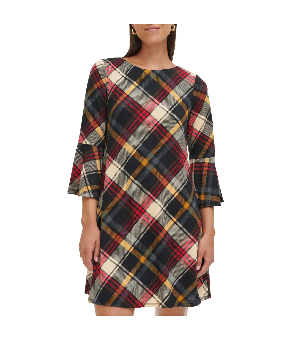 1Pc Bell Sleeve Trap Knit Melange Plaid Red Multi - Image 3