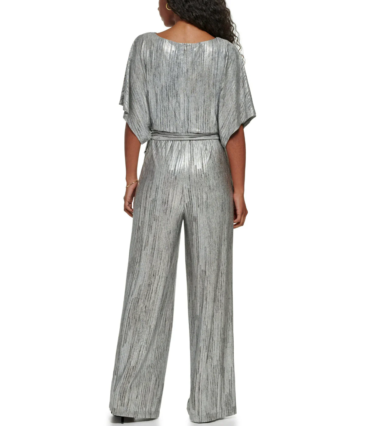 1Pc Dolman Sleeve Blouson Jumpsuit W/ Tie Sash Silver - Image 2