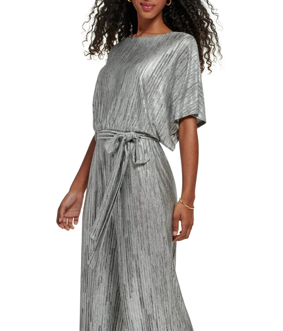 1Pc Dolman Sleeve Blouson Jumpsuit W/ Tie Sash Silver - Image 3