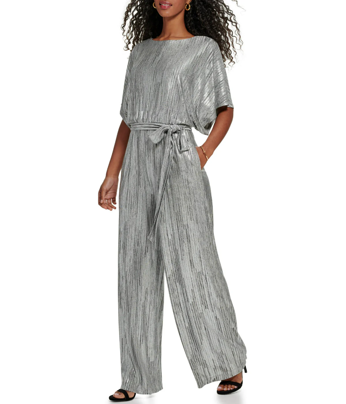 1Pc Dolman Sleeve Blouson Jumpsuit W/ Tie Sash Silver - Image 4