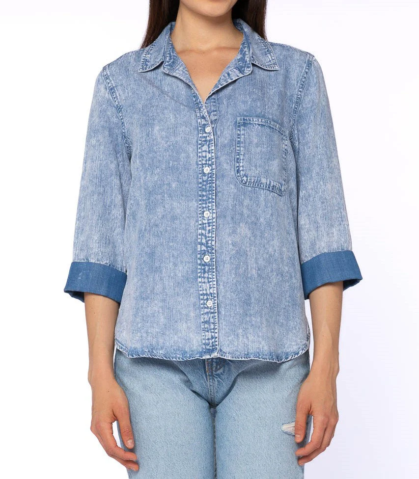 3/4 Cuffed Sleeve Button Down Shirt Chest Pocket High Low - Image 2