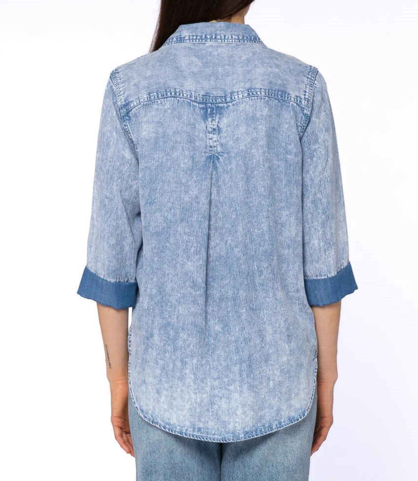3/4 Cuffed Sleeve Button Down Shirt Chest Pocket High Low - Image 3
