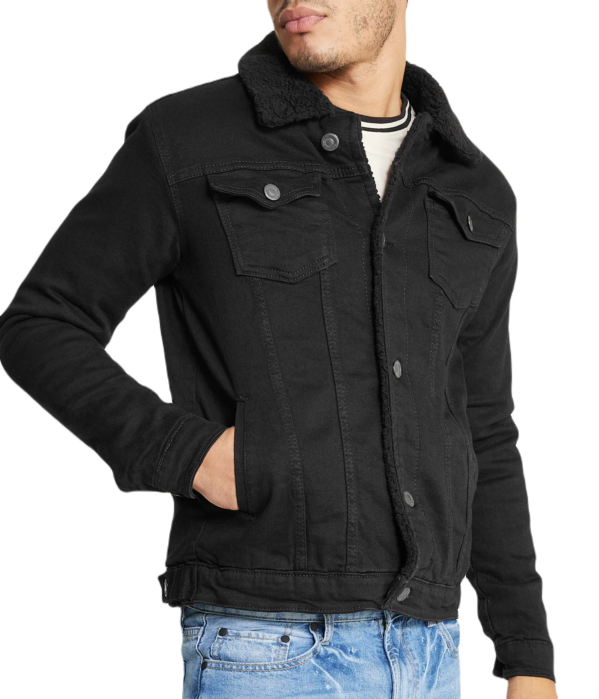 Black Sherpa Collar Black Denim Jacket - Image 3