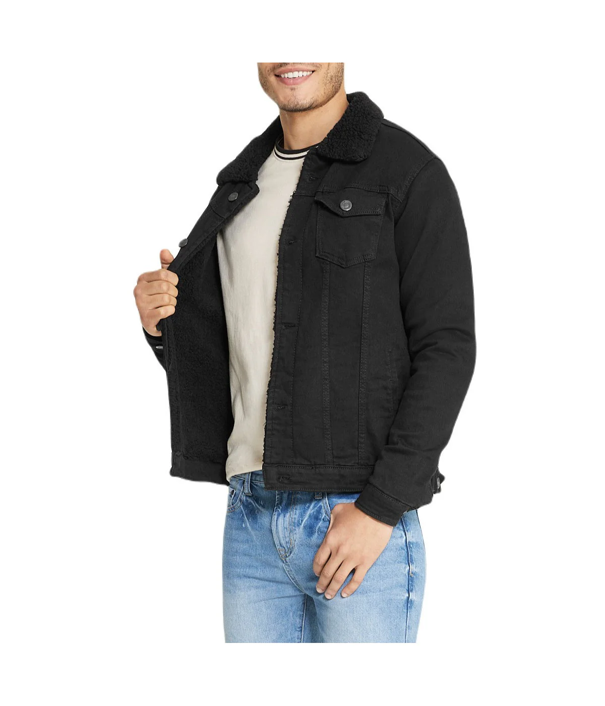 Black Sherpa Collar Black Denim Jacket - Image 4