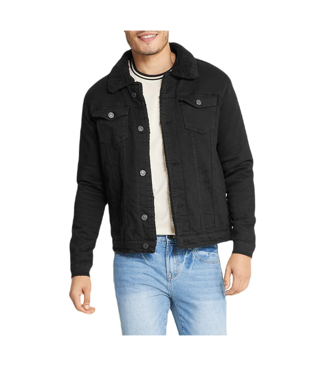 Black Sherpa Collar Black Denim Jacket - Image 5