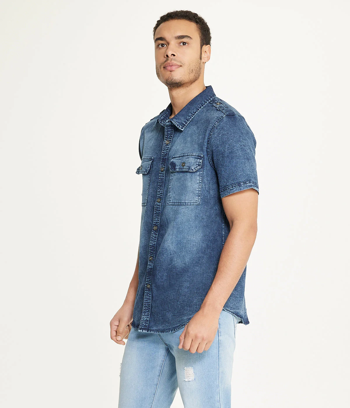 Brooklyn Laundry Men's Short Sleeve Stretch Denim Shirt 4 - Image 3
