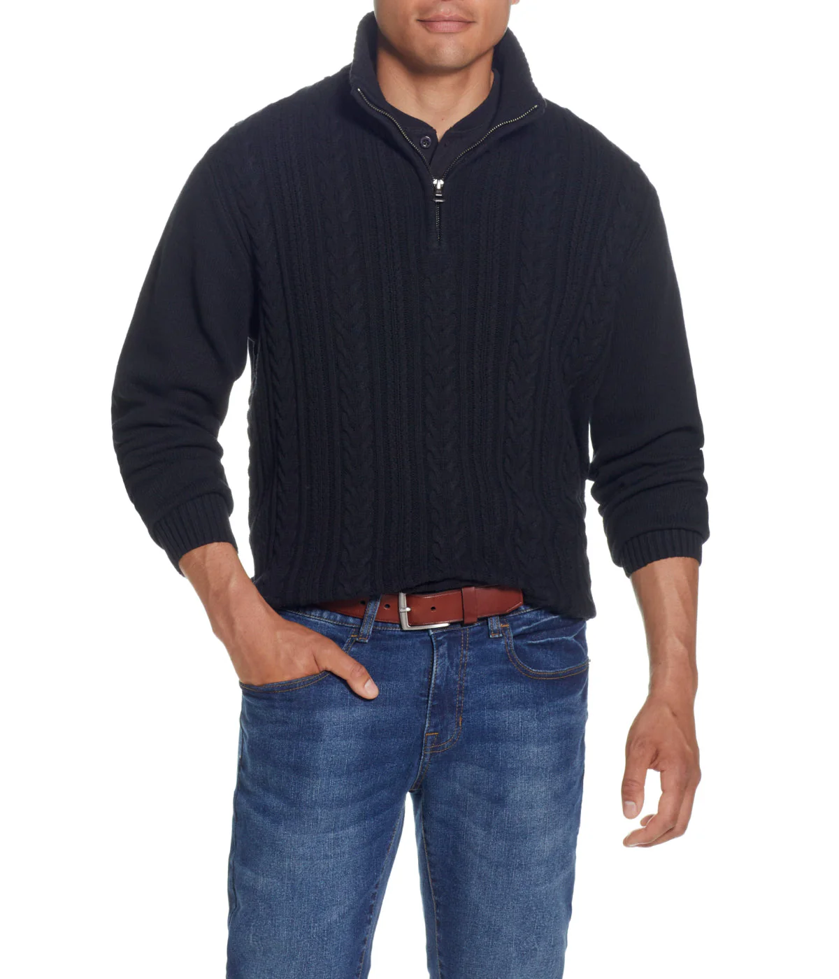 Cable Knit Quarter Zip Sweater Black - Image 4