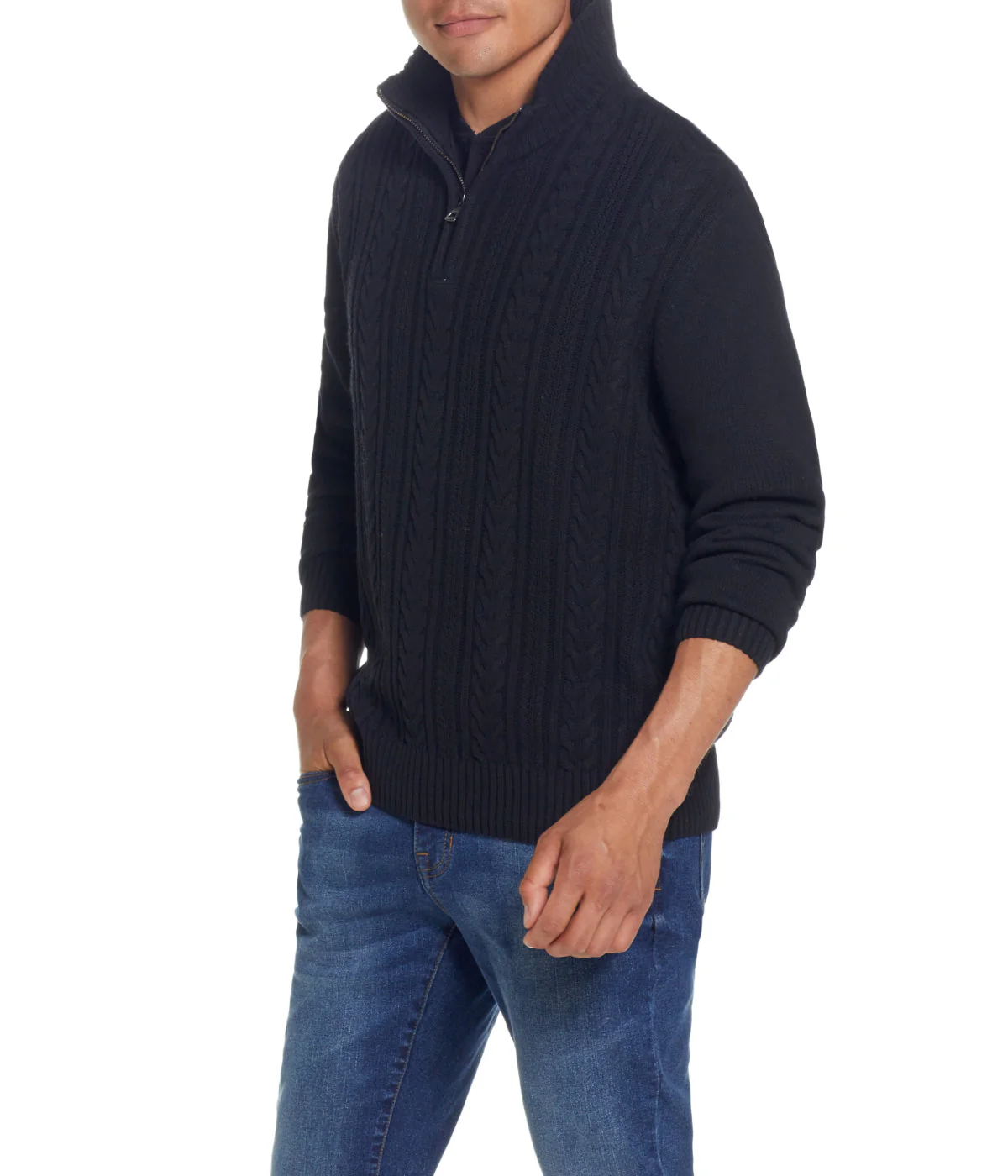 Cable Knit Quarter Zip Sweater Black - Image 5