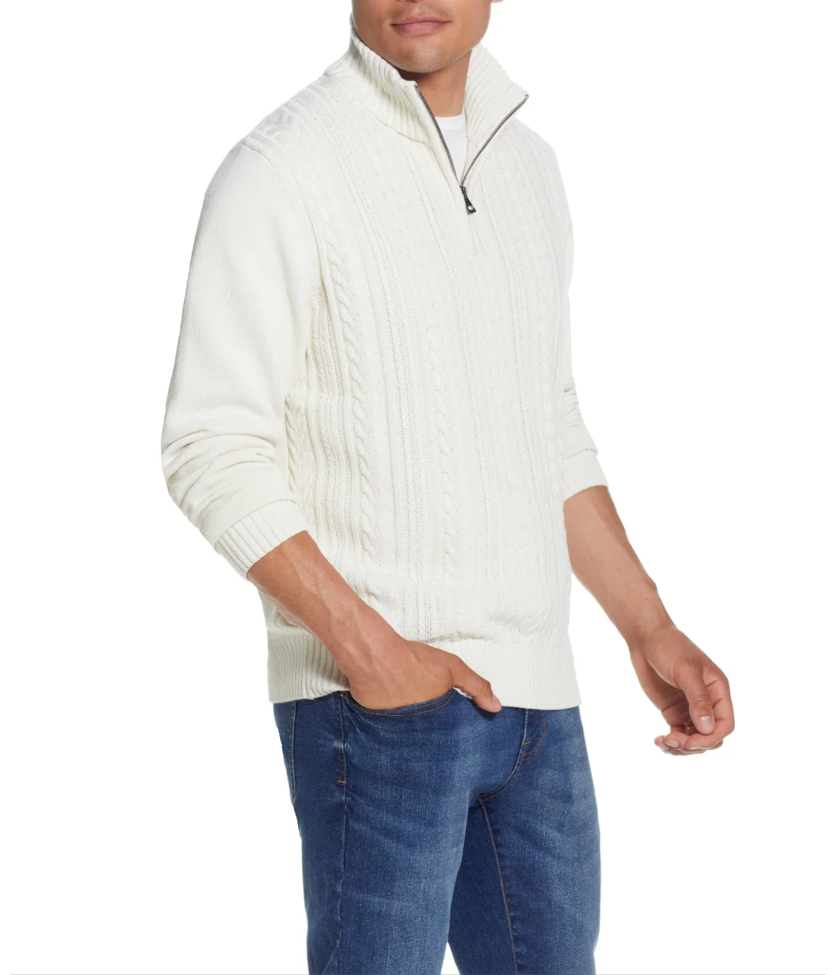 Cable Knit Quarter Zip Sweater Ecru - Image 4