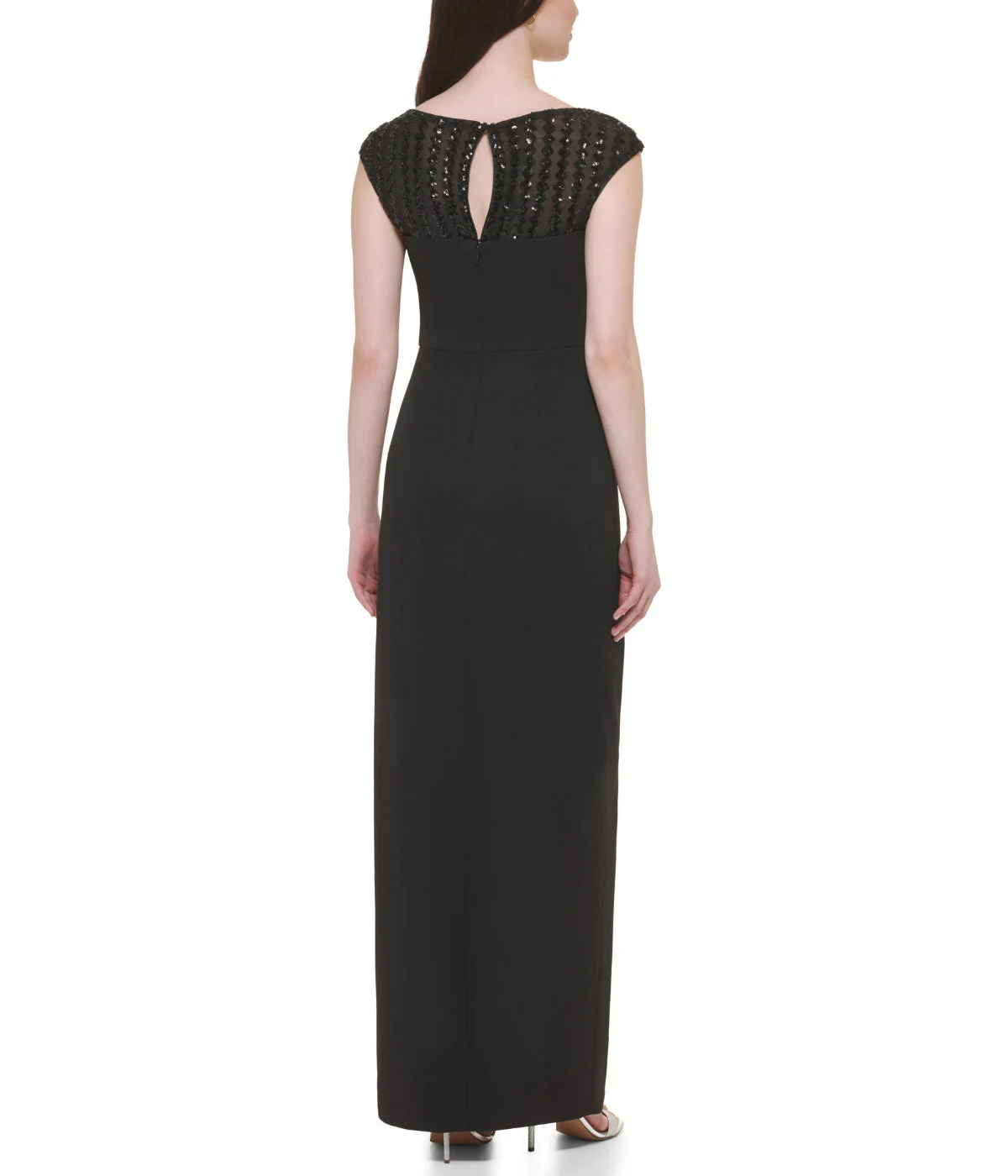 Cap Sleeve Boat Shape Illusion Neck Gown W/ Side Slit Black Gold - Image 2