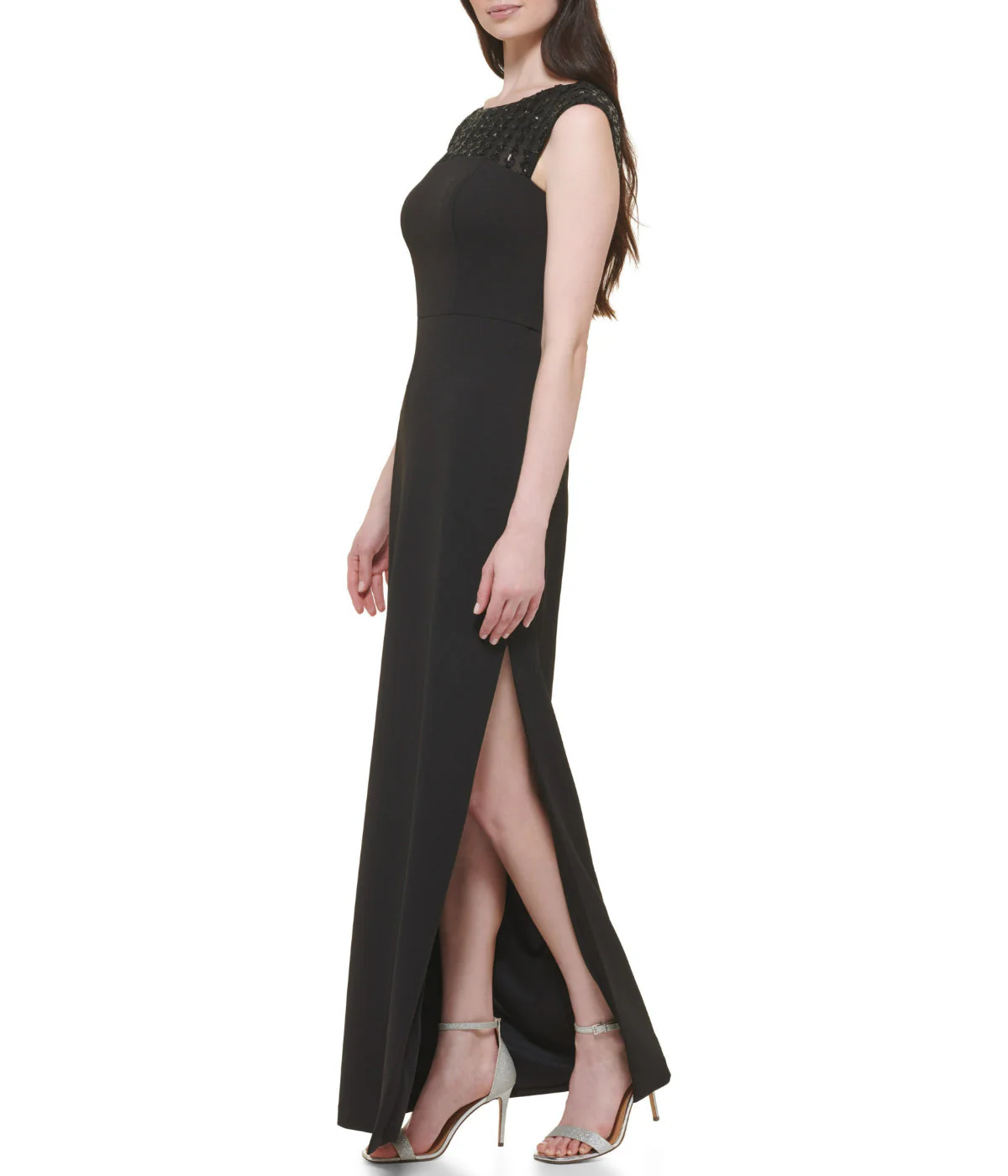 Cap Sleeve Boat Shape Illusion Neck Gown W/ Side Slit Black Gold - Image 3