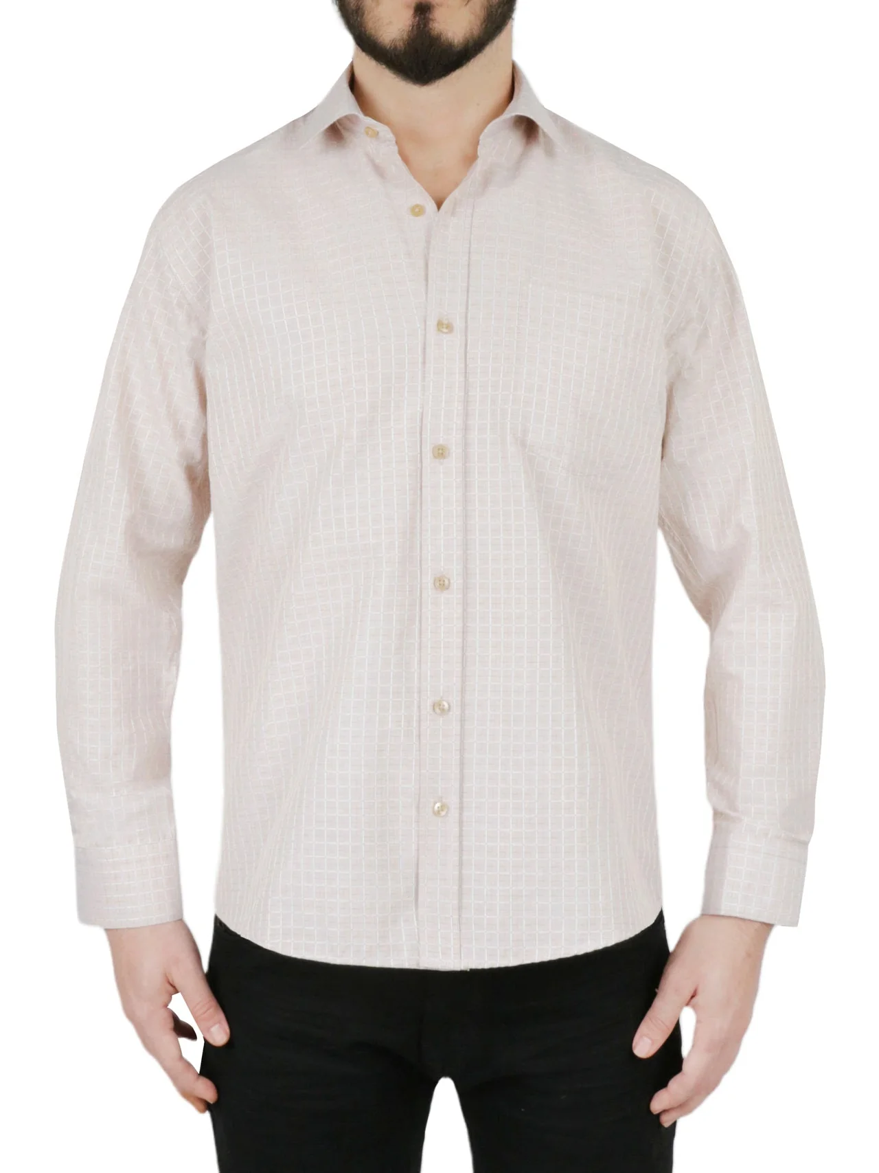 Cream Windowpane Checkered Dress Shirt - Image 2