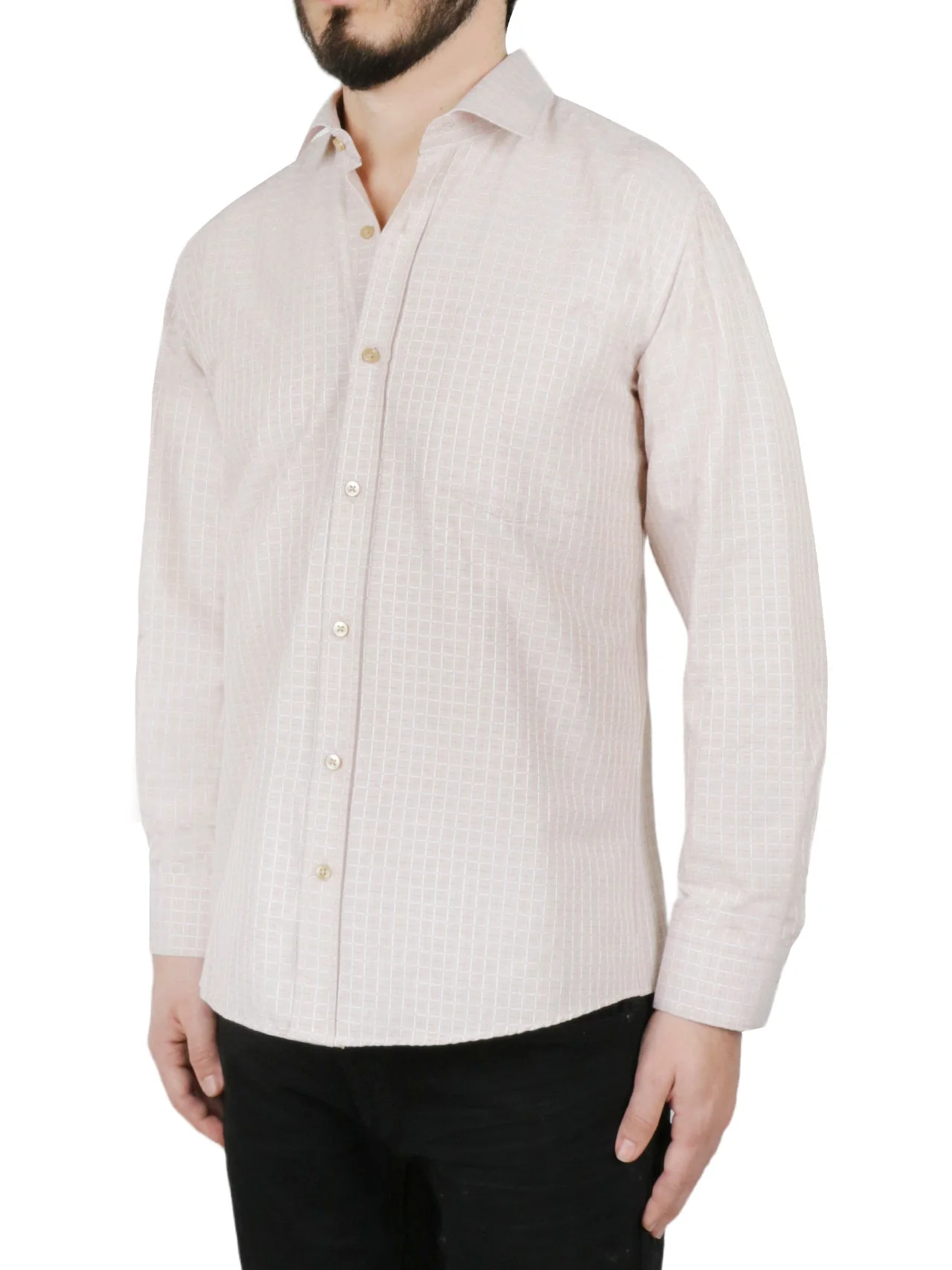Cream Windowpane Checkered Dress Shirt - Image 3