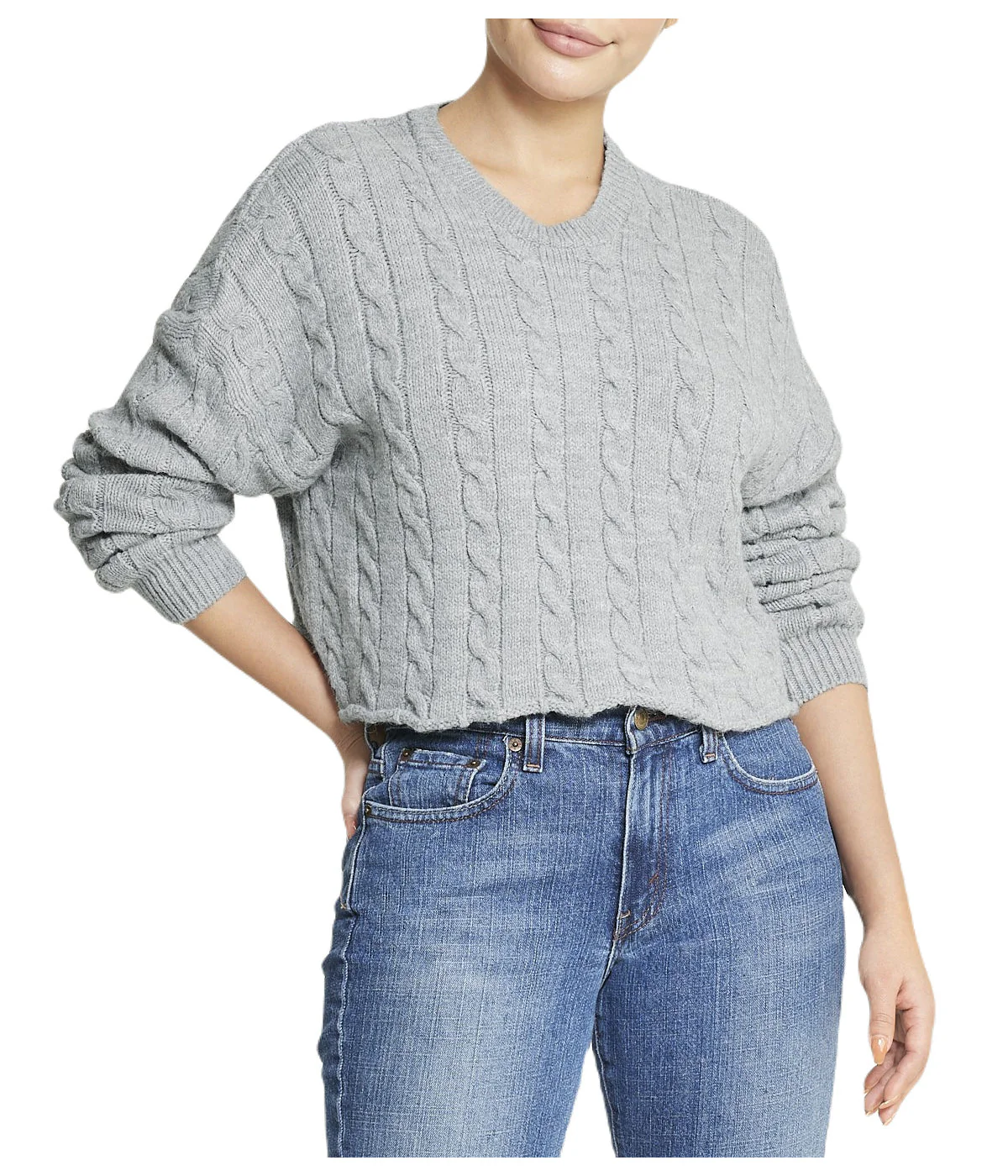 Cropped Boxy Cable Knit Sweater - Image 5