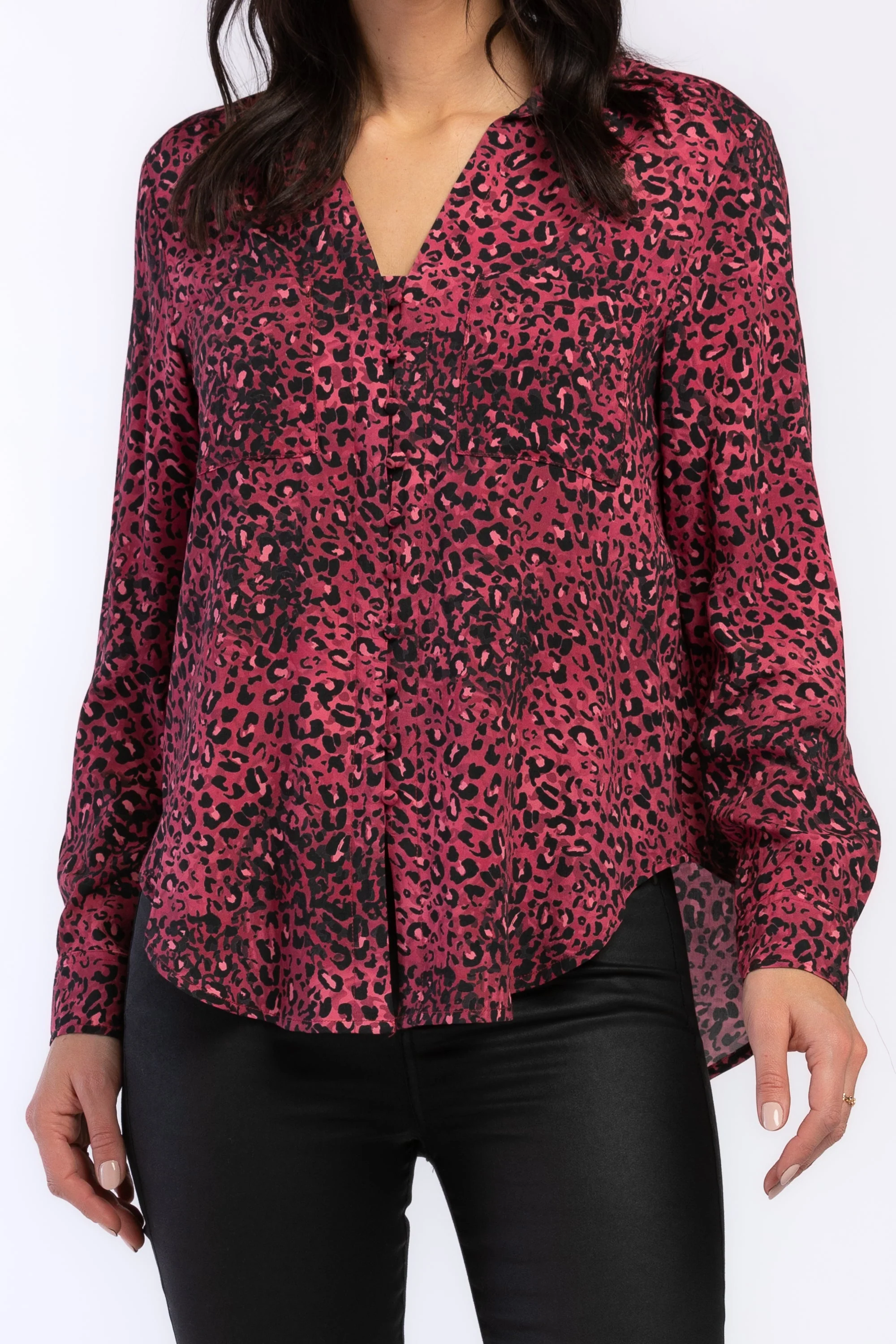 Eleni Long Sleeve Loop Button Down Closure Chest Patch Pockets Rounded Hem - Image 2