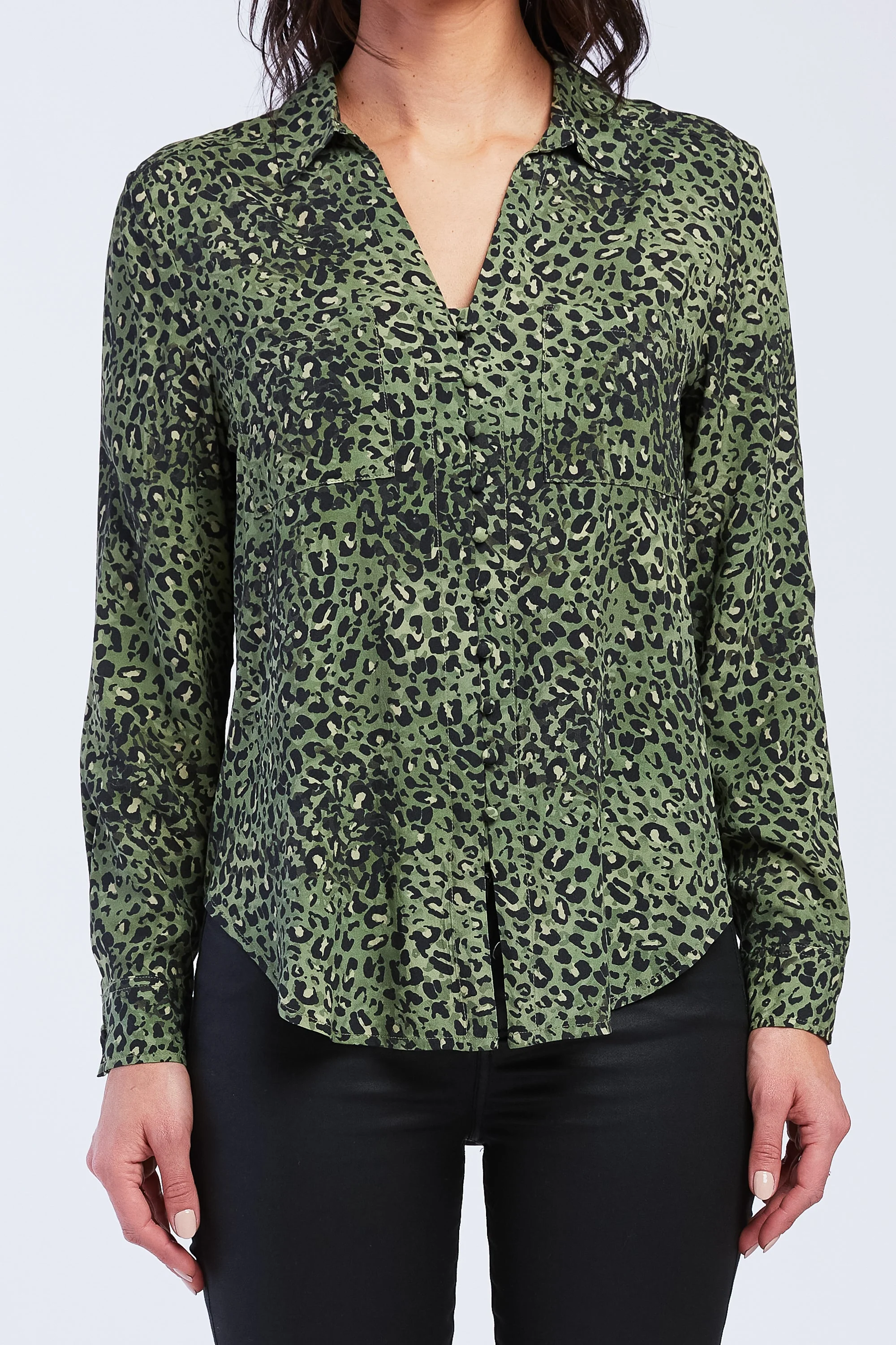 Eleni Long Sleeve Loop Button Down Closure Chest Patch Pockets Rounded Hem - Image 4