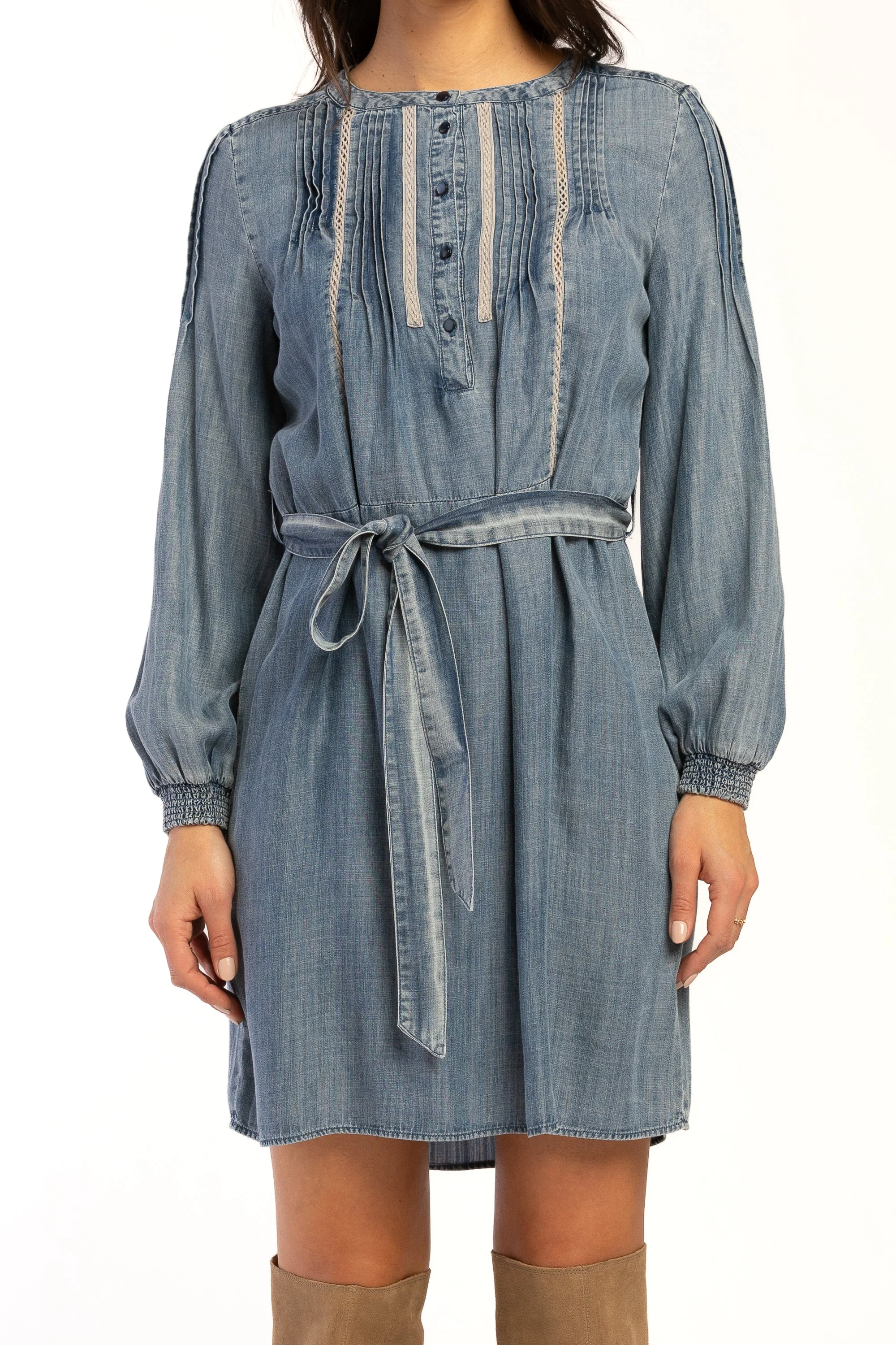 Evie Long Sleeve Smocked Cuff, Banded Collar, Half Button Pop Over Dress - Image 2