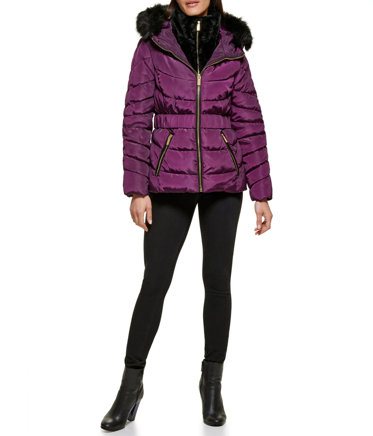 Faux Fur Trim Puffer Jacket 2 Eggplant - Image 2