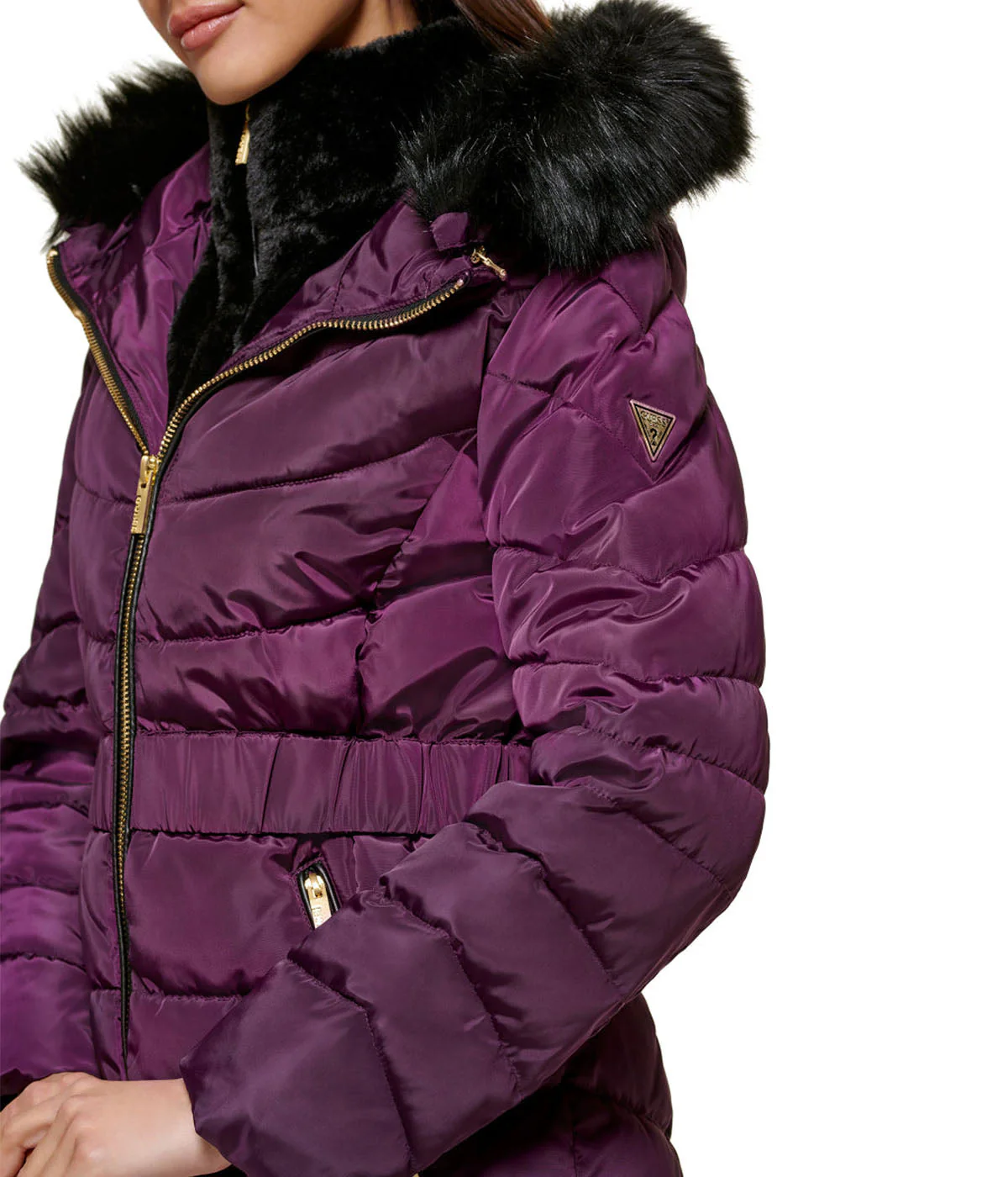 Faux Fur Trim Puffer Jacket 2 Eggplant - Image 4