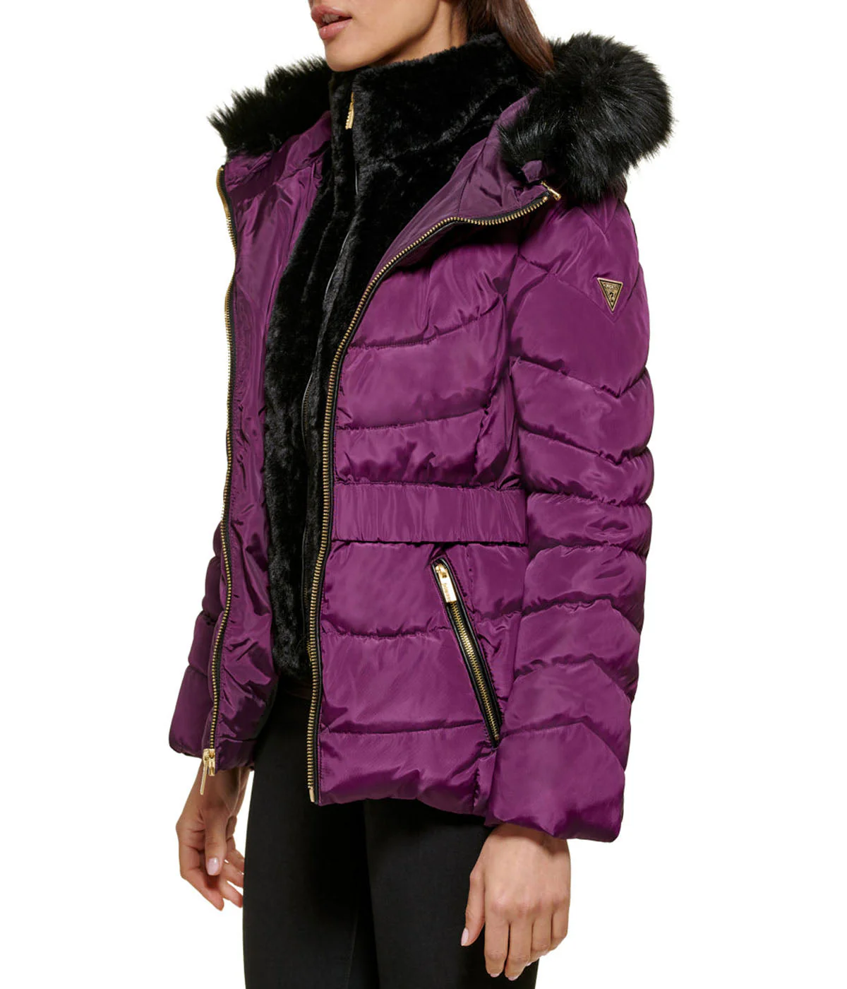 Faux Fur Trim Puffer Jacket 2 Eggplant - Image 5