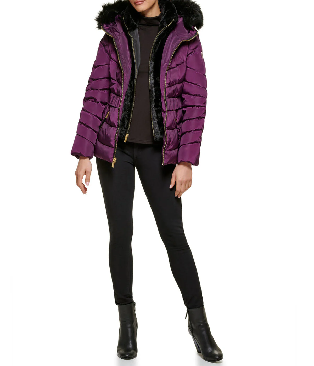 Faux Fur Trim Puffer Jacket 2 Eggplant - Image 6