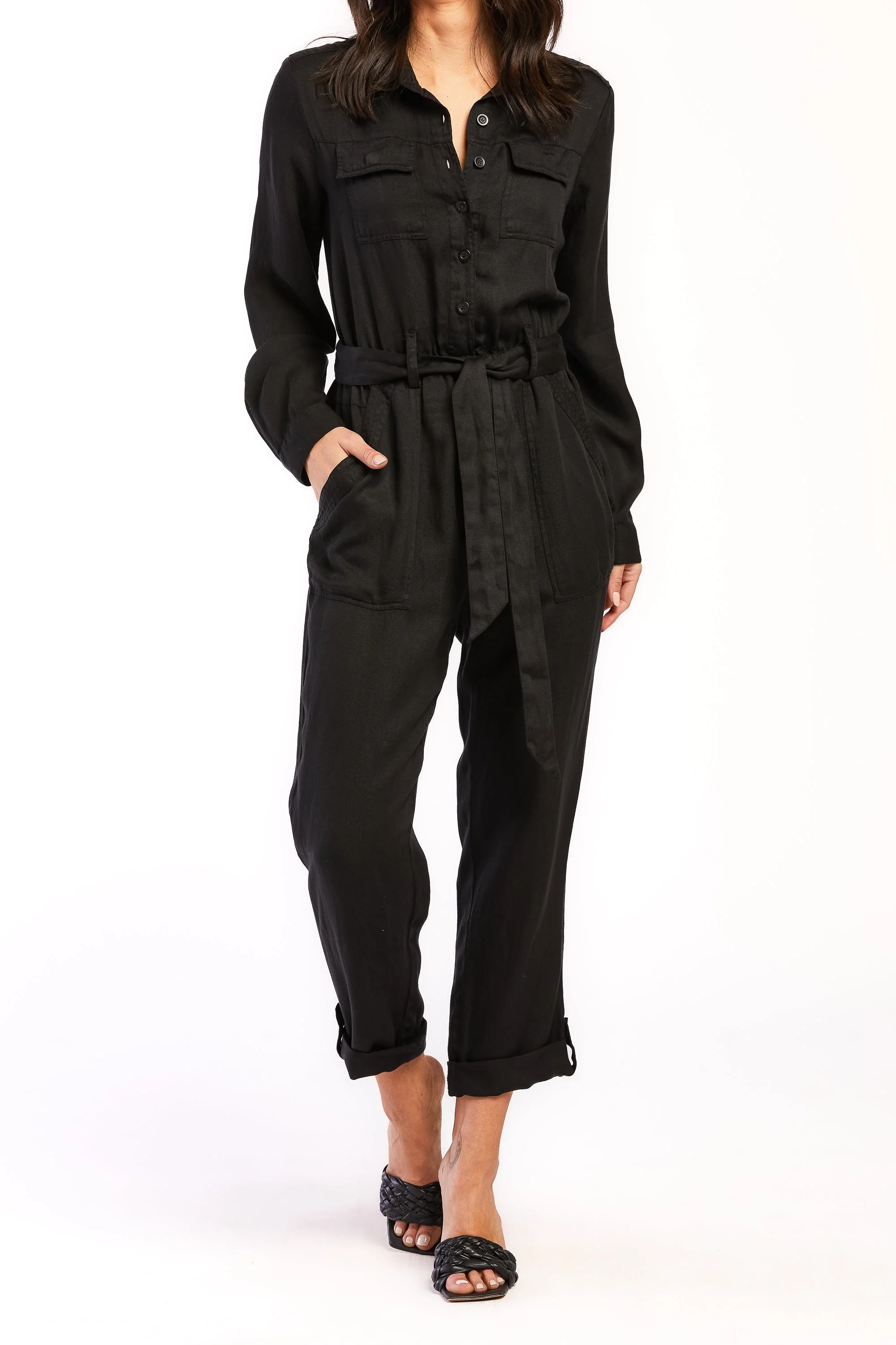 Frenzia Long Sleeve Utility Style Jumpsuit Button Down Tab Cuff Hem Self Belt - Image 4