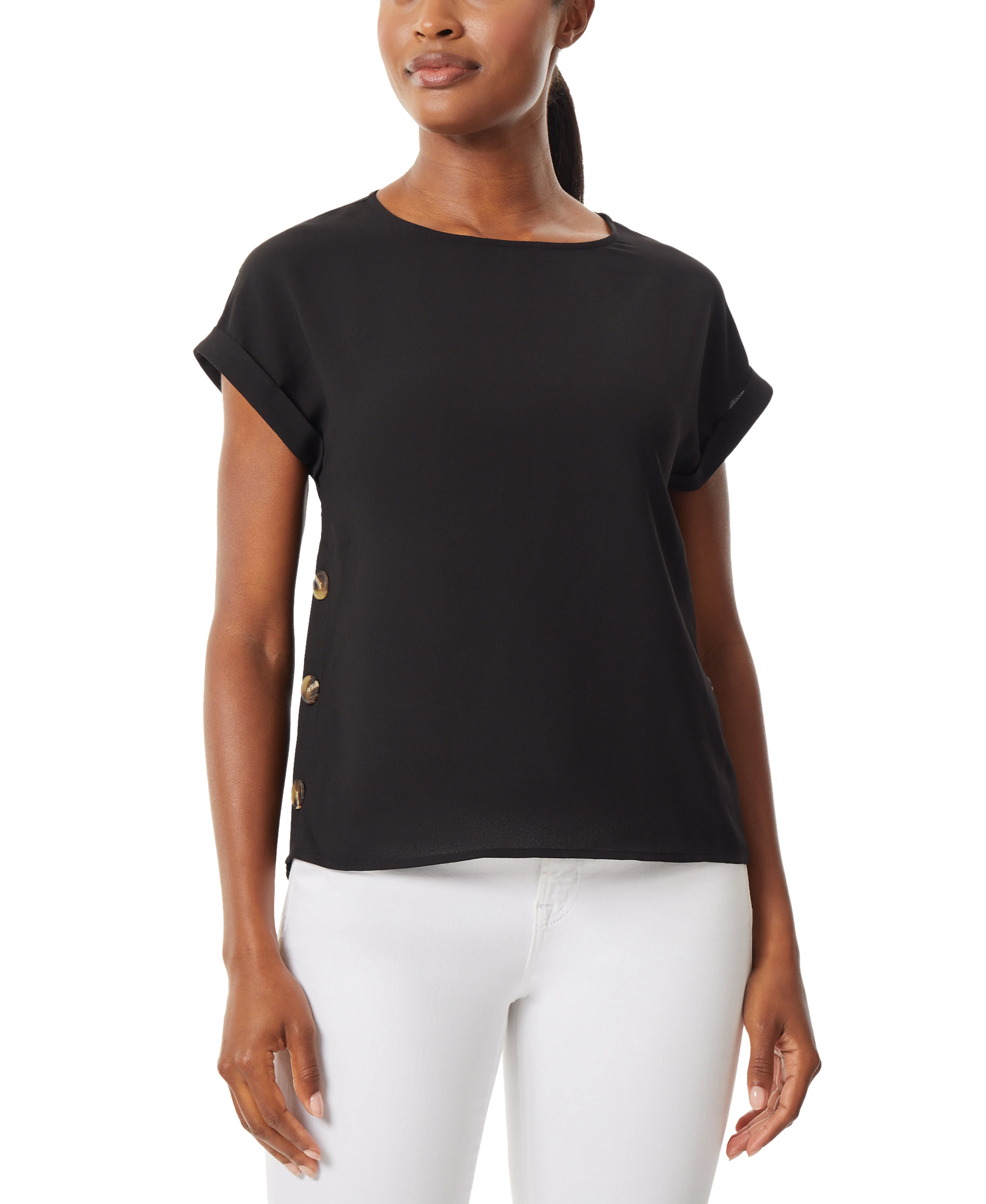 Jones Black Short Sleeve Button Detail Blouse - Image 2