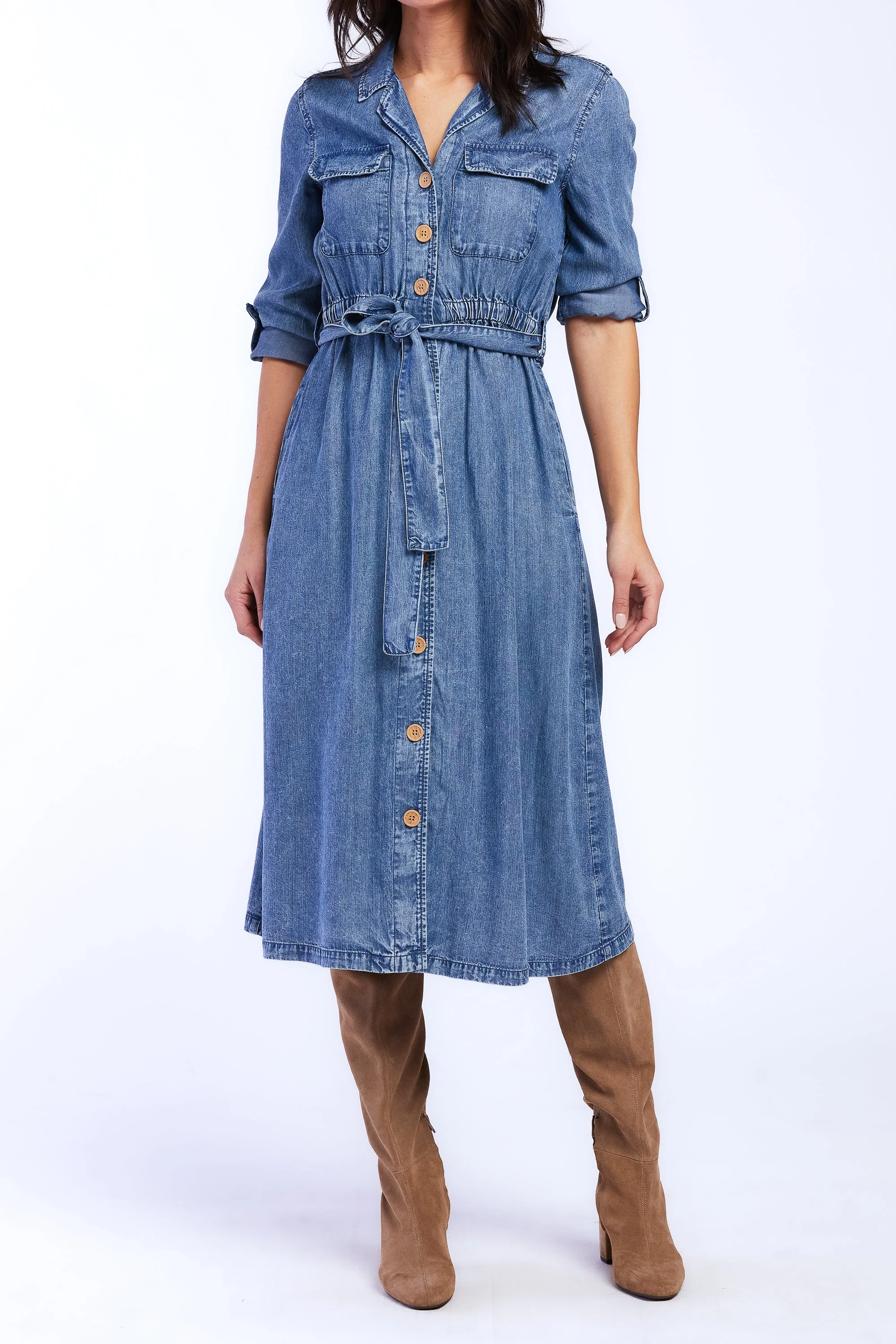 Justice Rolled Tab Sleeve Button Down Midi Dress Flap Chest Pocket - Image 2