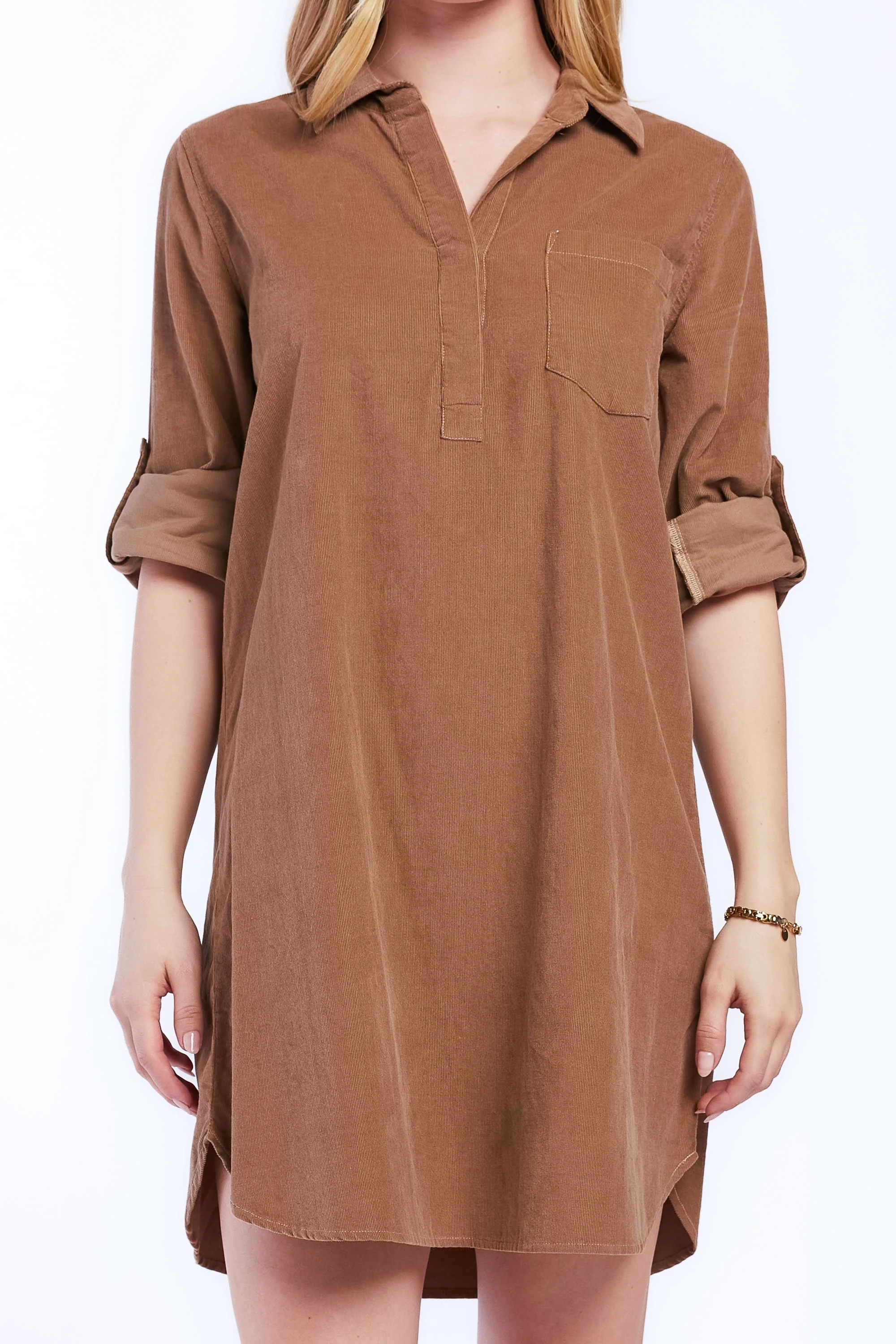 Lizbeth Rolled Tab Sleeve Pop Over Shift Dress Split Neck With 2 Button - Image 3