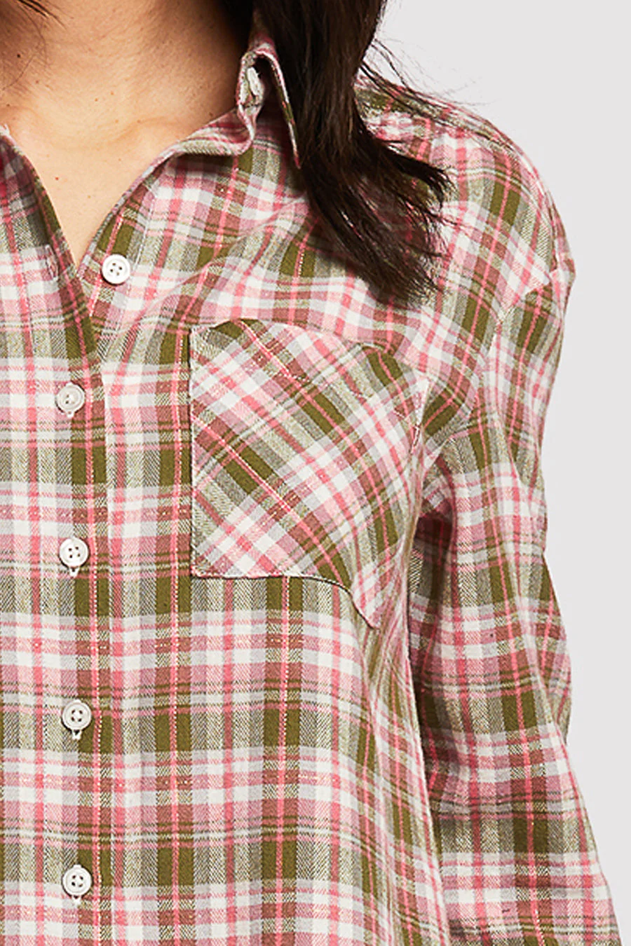 Long Sleeve Button Down Shirt, Chest Patch Pockets Shirred Shoulder Detail - Image 3