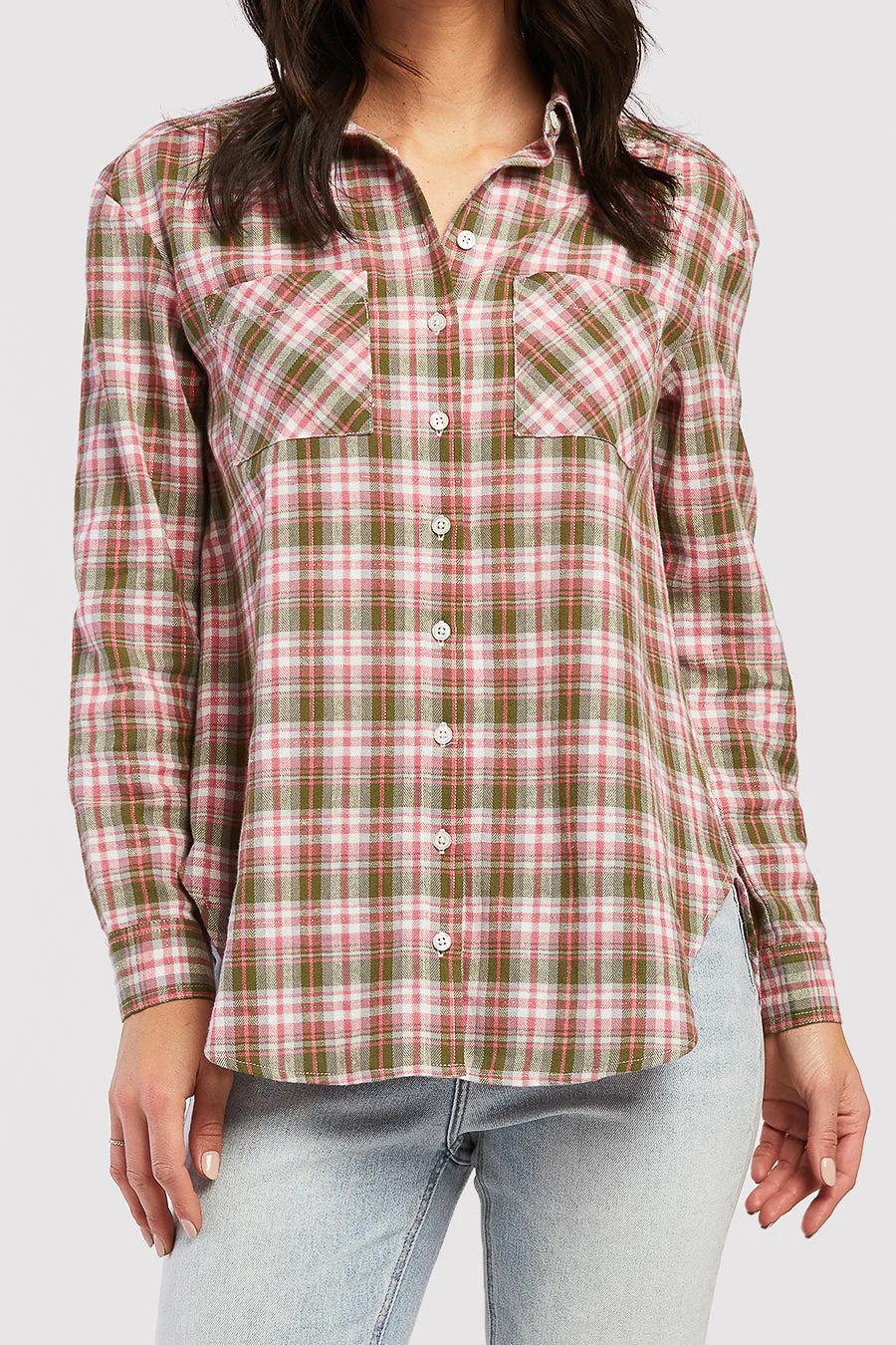 Long Sleeve Button Down Shirt, Chest Patch Pockets Shirred Shoulder Detail - Image 2