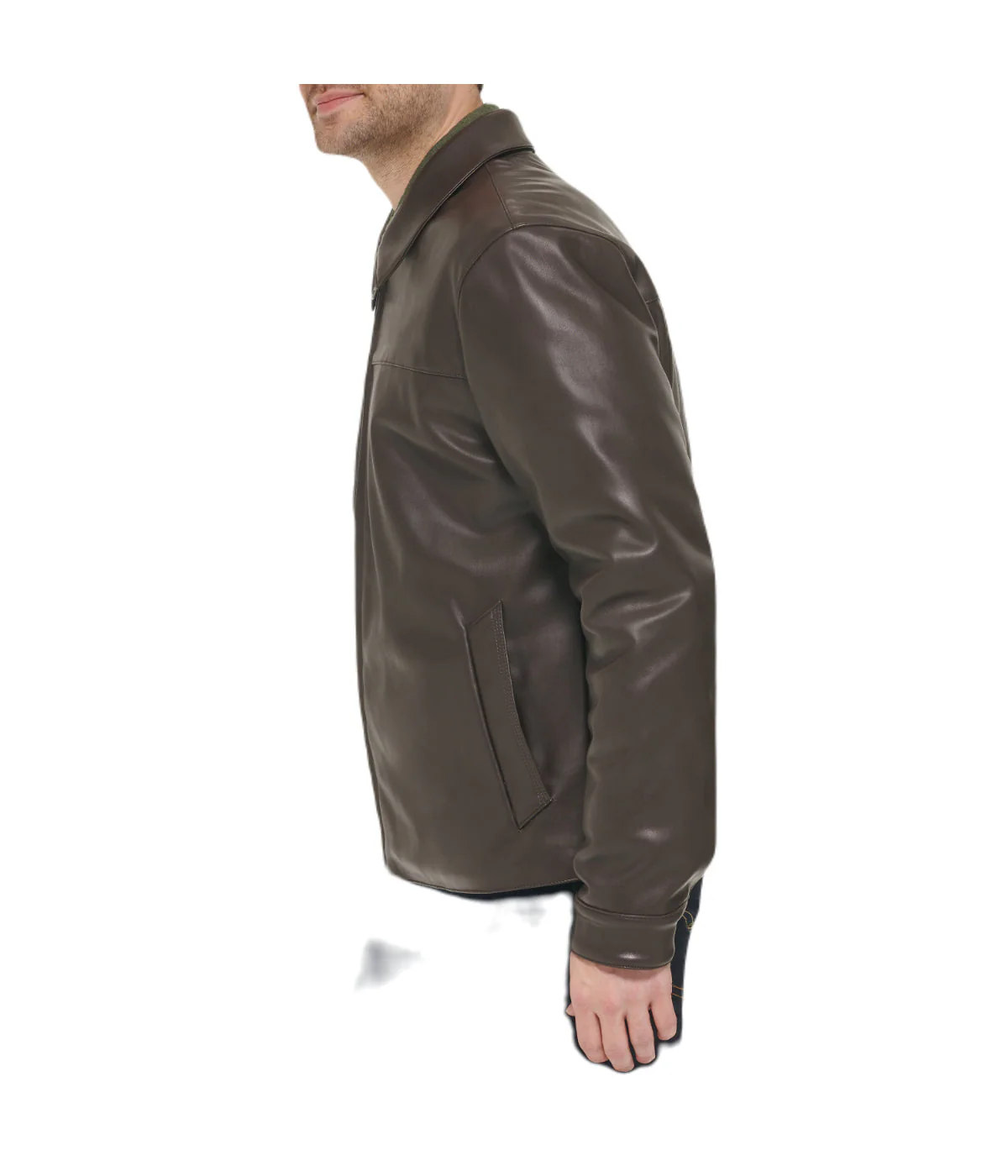 Mens Faux Leather Collared Jacket Dark Brown - Image 3