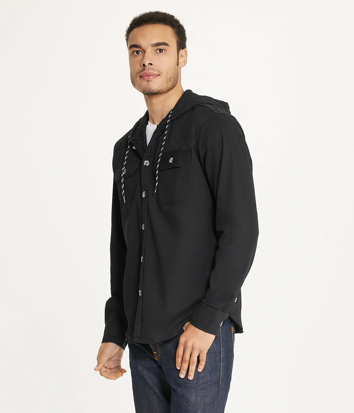 Men's Long Sleeve Hooded Shirt Jacket: Stretch Twill - Image 3