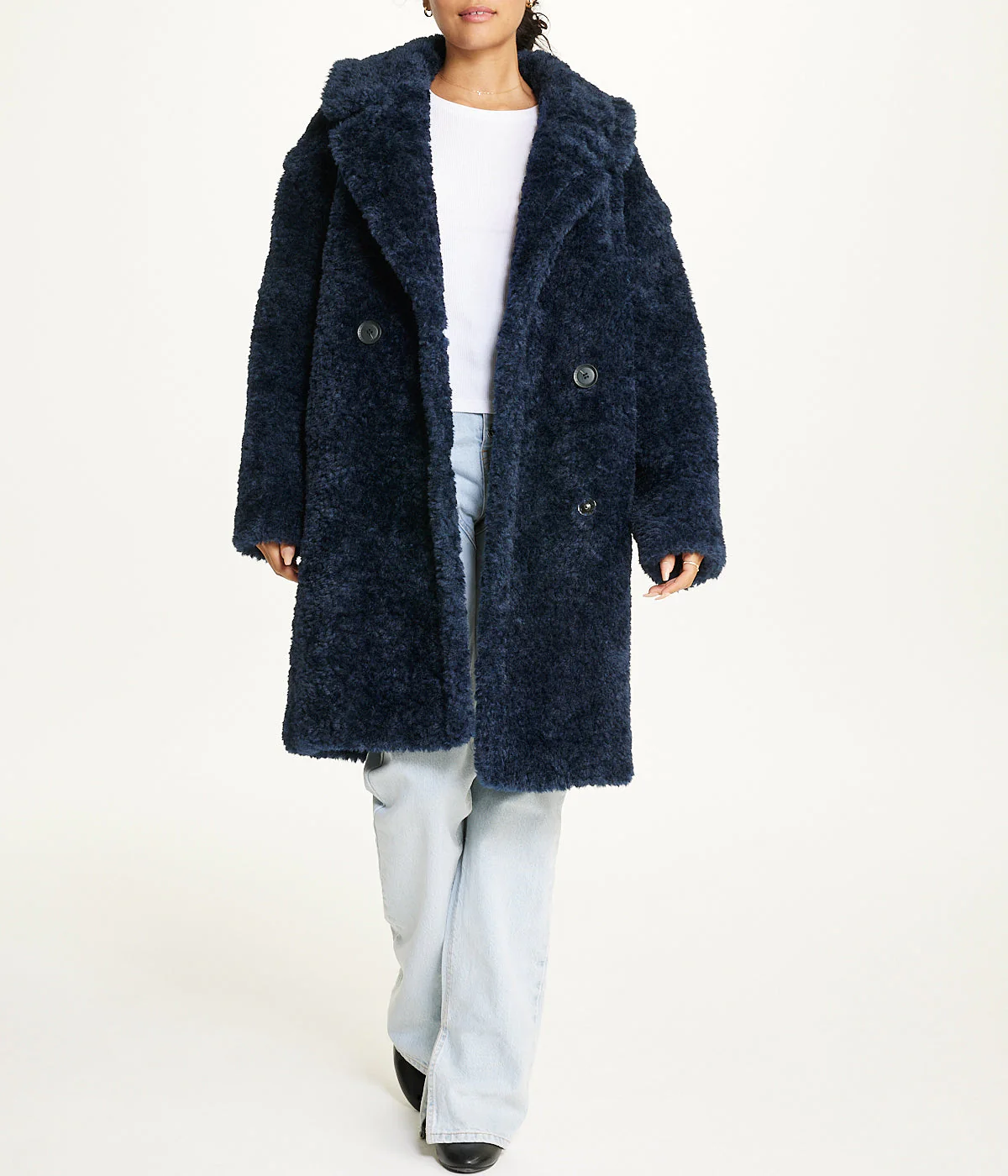 Notch Collar Curly Teddy Double Breasted Coat Sapphire - Image 3
