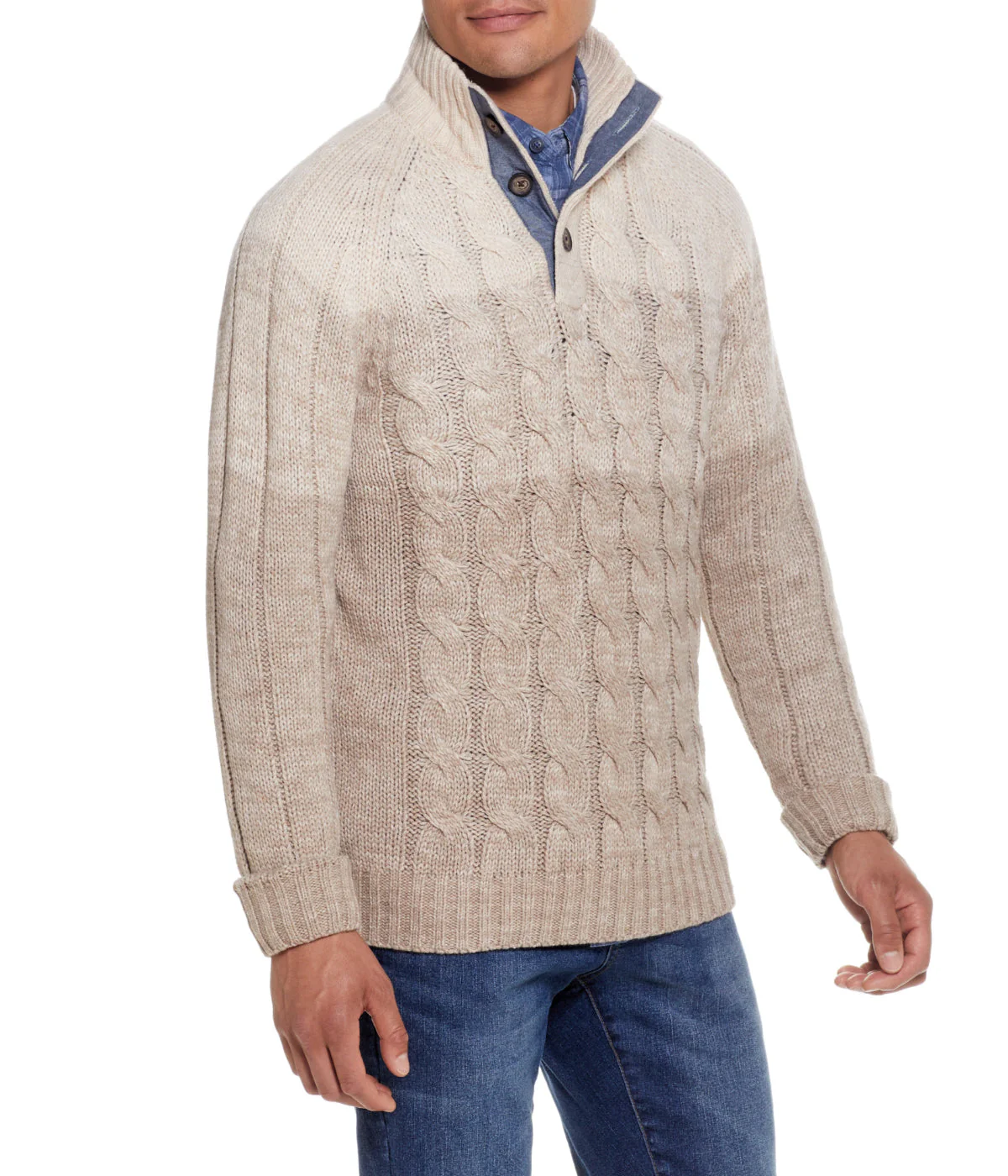 Ombre Cable Button Mock Neck Sweater Beige Marl - Image 4