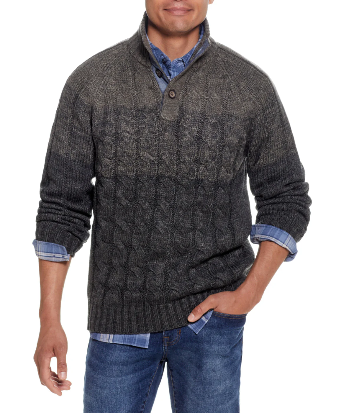 Ombre Cable Button Mock Neck Sweater Camouflage Marl - Image 4