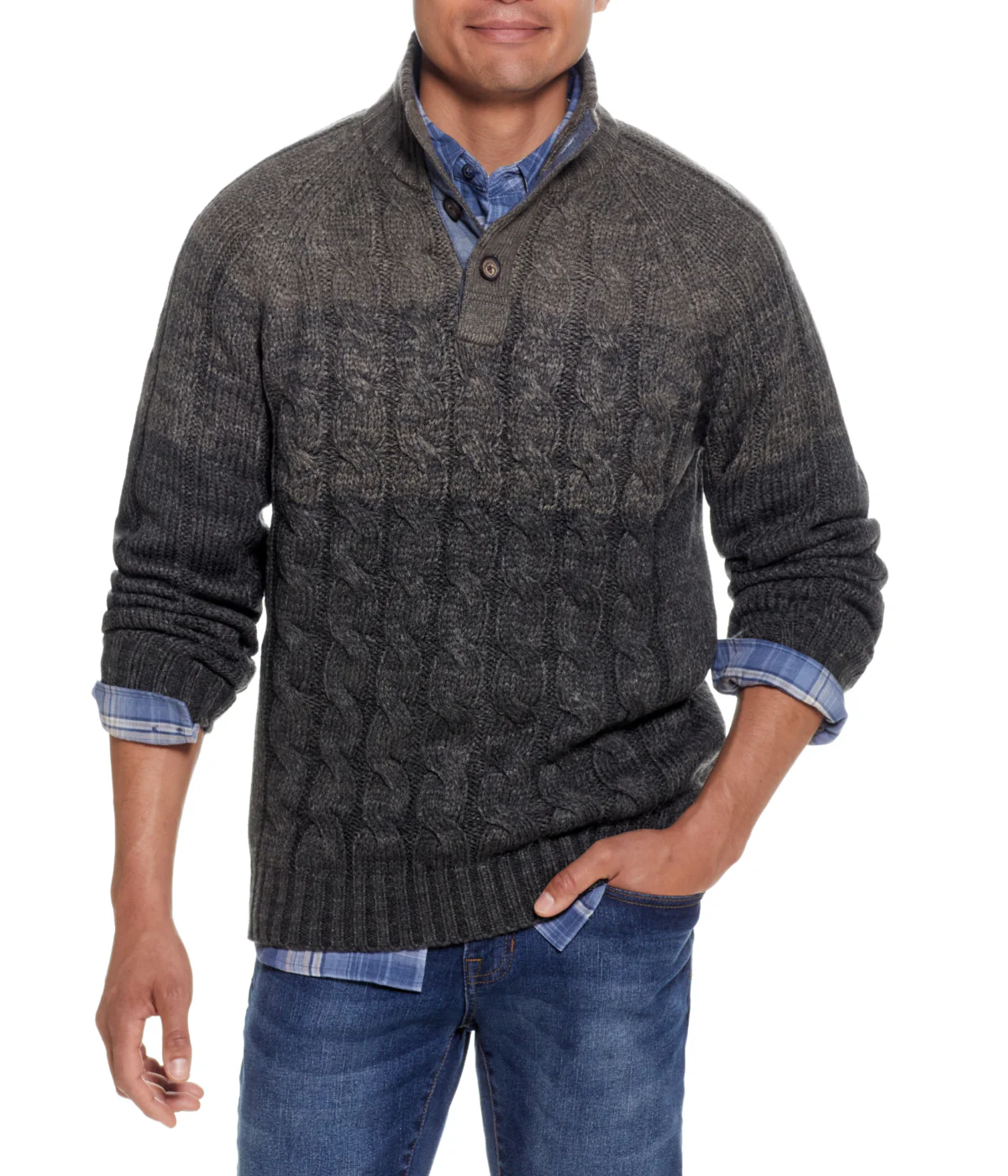 Ombre Cable Button Mock Neck Sweater Camouflage Marl - Image 8