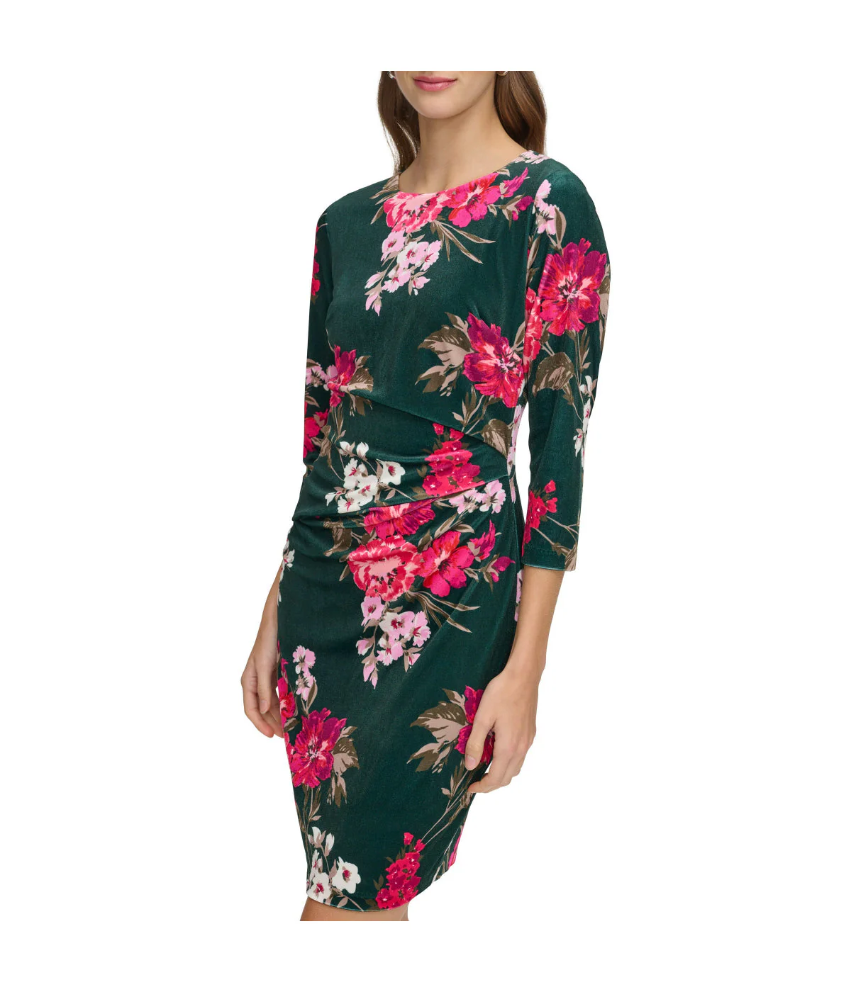 Ptd Velvet Side Tuck Bodycon With 3/4 Sleeve Green Multi - Image 3