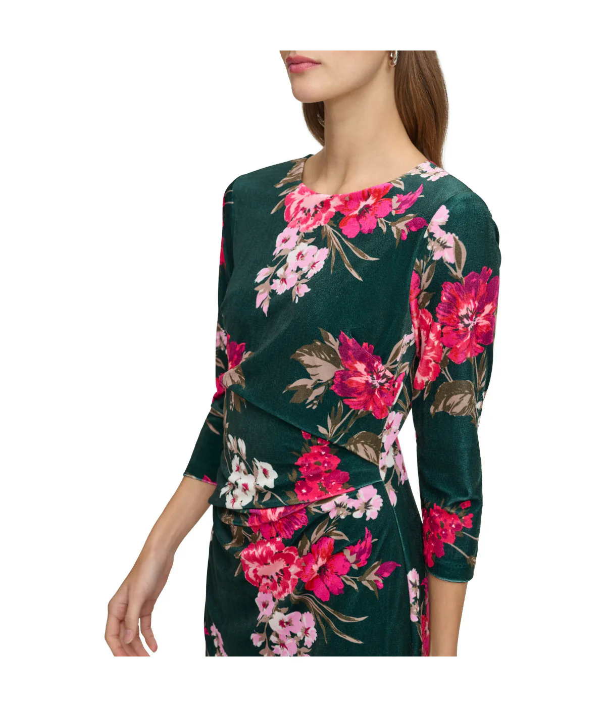 Ptd Velvet Side Tuck Bodycon With 3/4 Sleeve Green Multi - Image 4