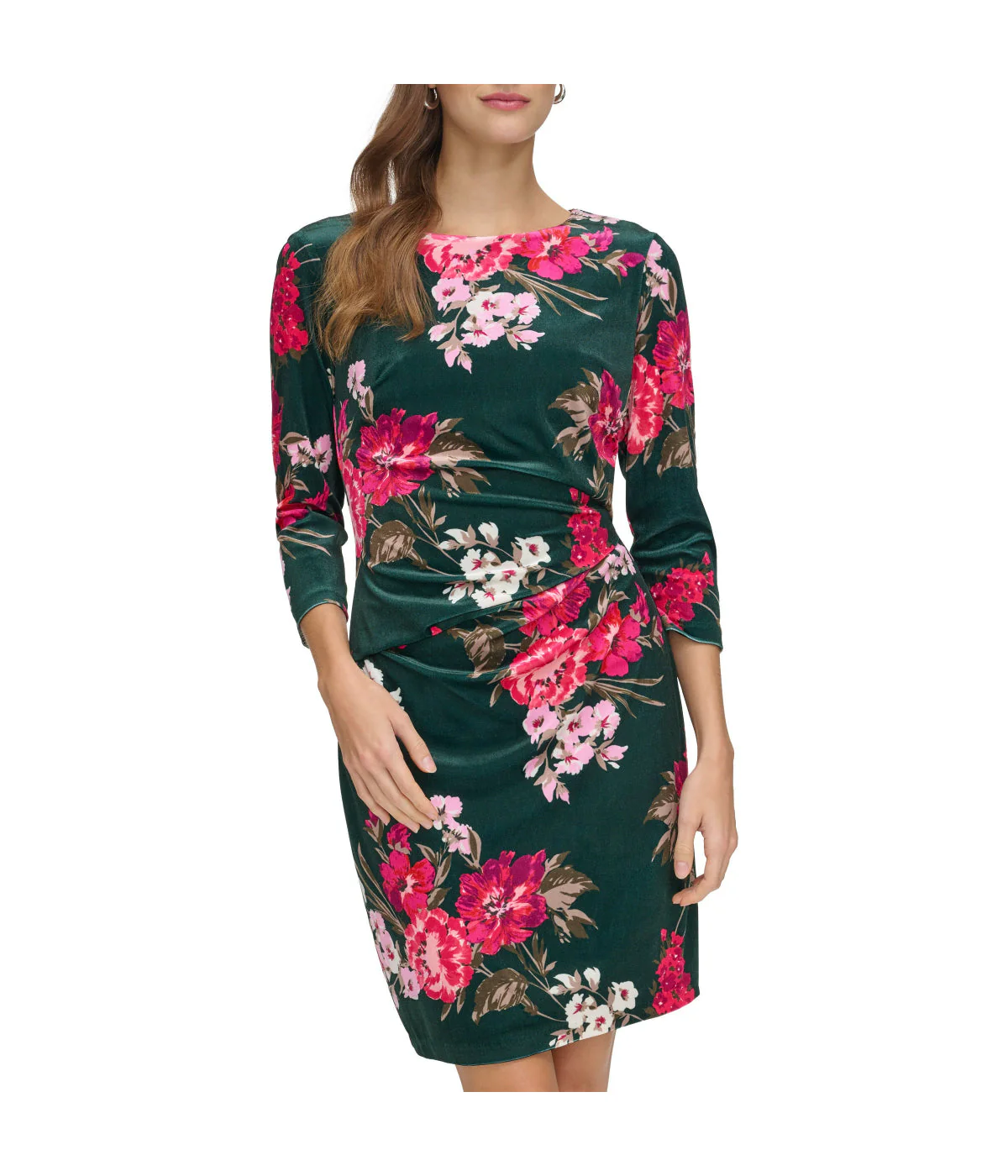 Ptd Velvet Side Tuck Bodycon With 3/4 Sleeve Green Multi - Image 5