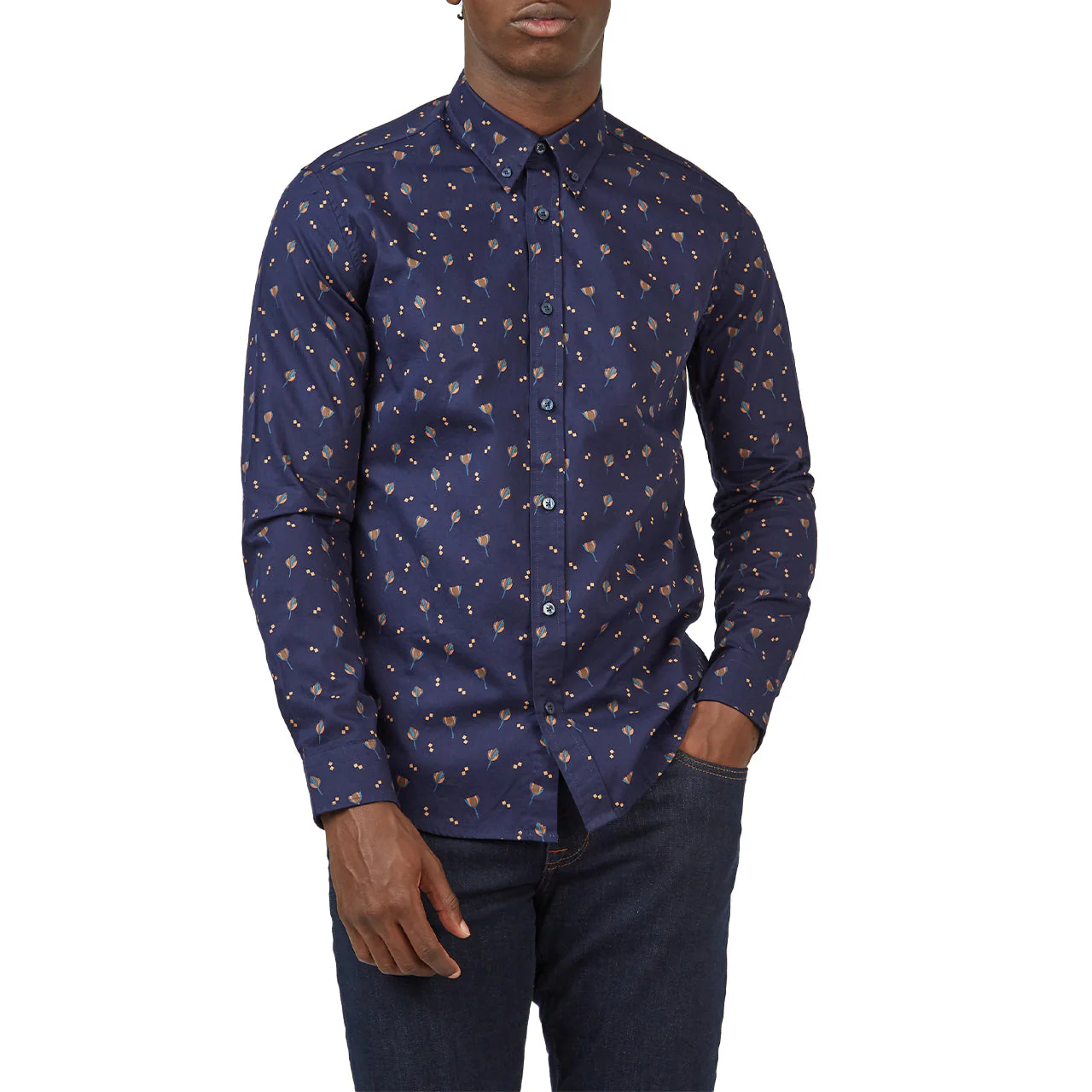 Scattered Floral Print Twill Buttondown Shirt with Long Sleeves - Image 5