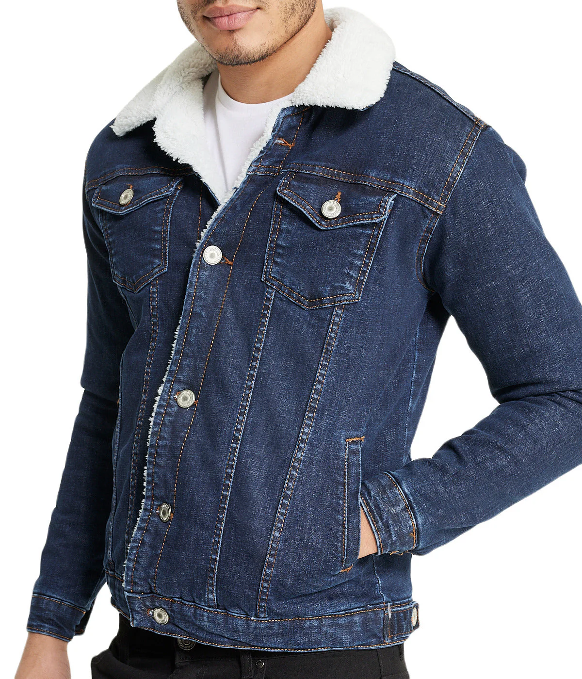 Sherpa Collar Dark Blue Denim Jacket - Image 3