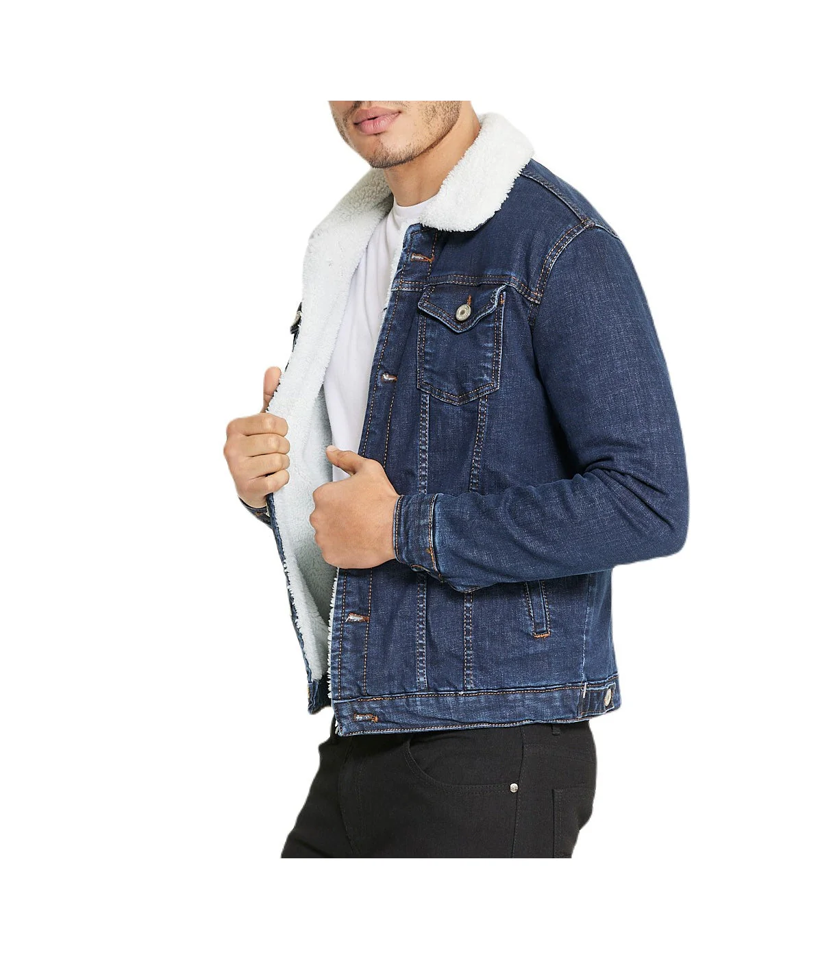 Sherpa Collar Dark Blue Denim Jacket - Image 4