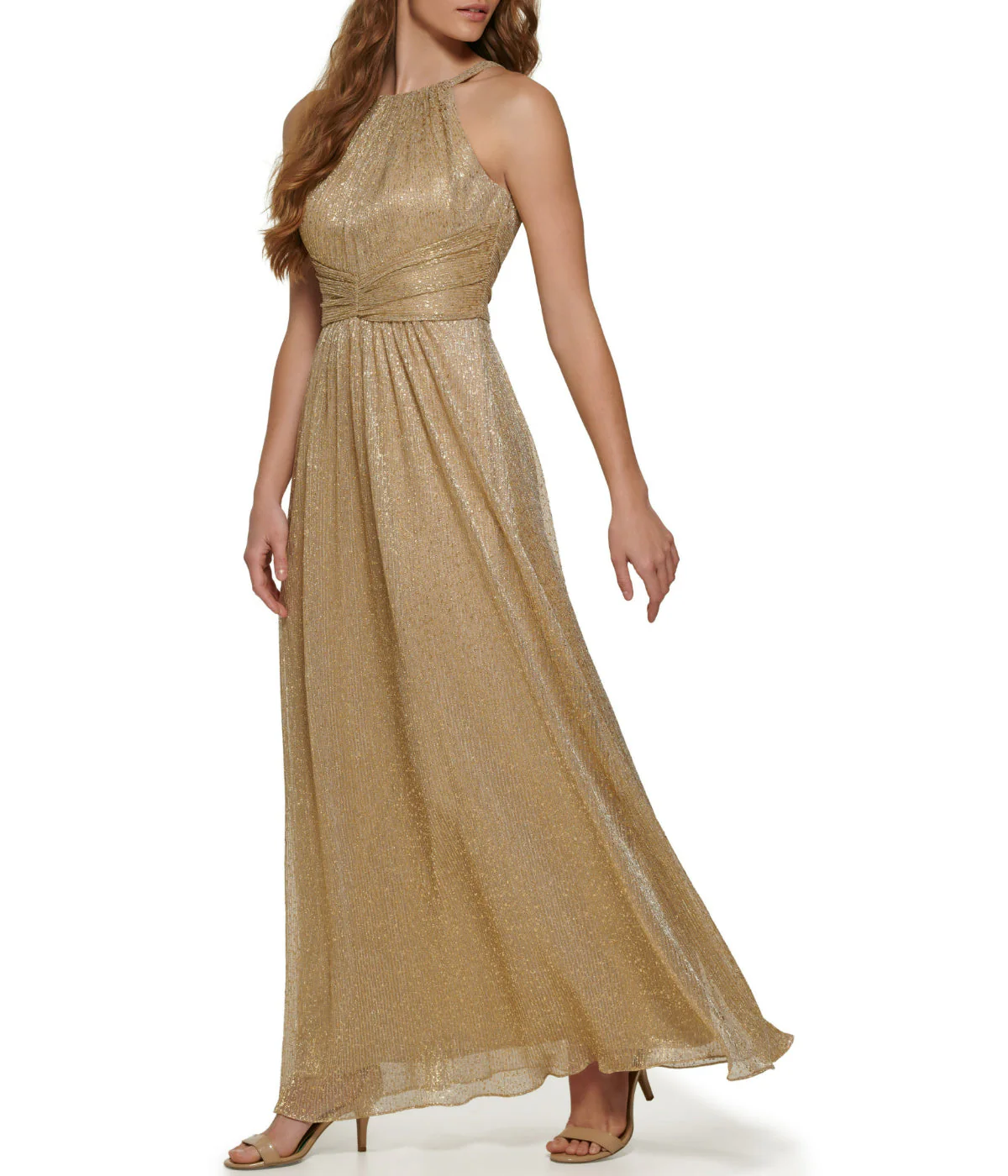 Shirred Halter Gown With Waistband Gold - Image 3