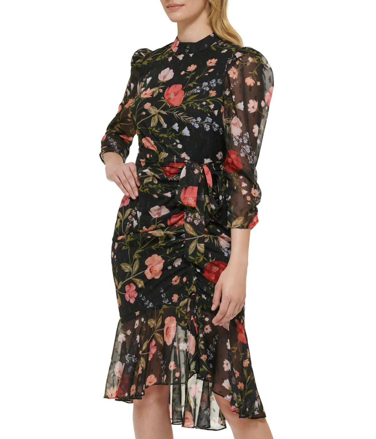 Slim Ruched Sleeve Dress With Mock Neck Black - Image 3