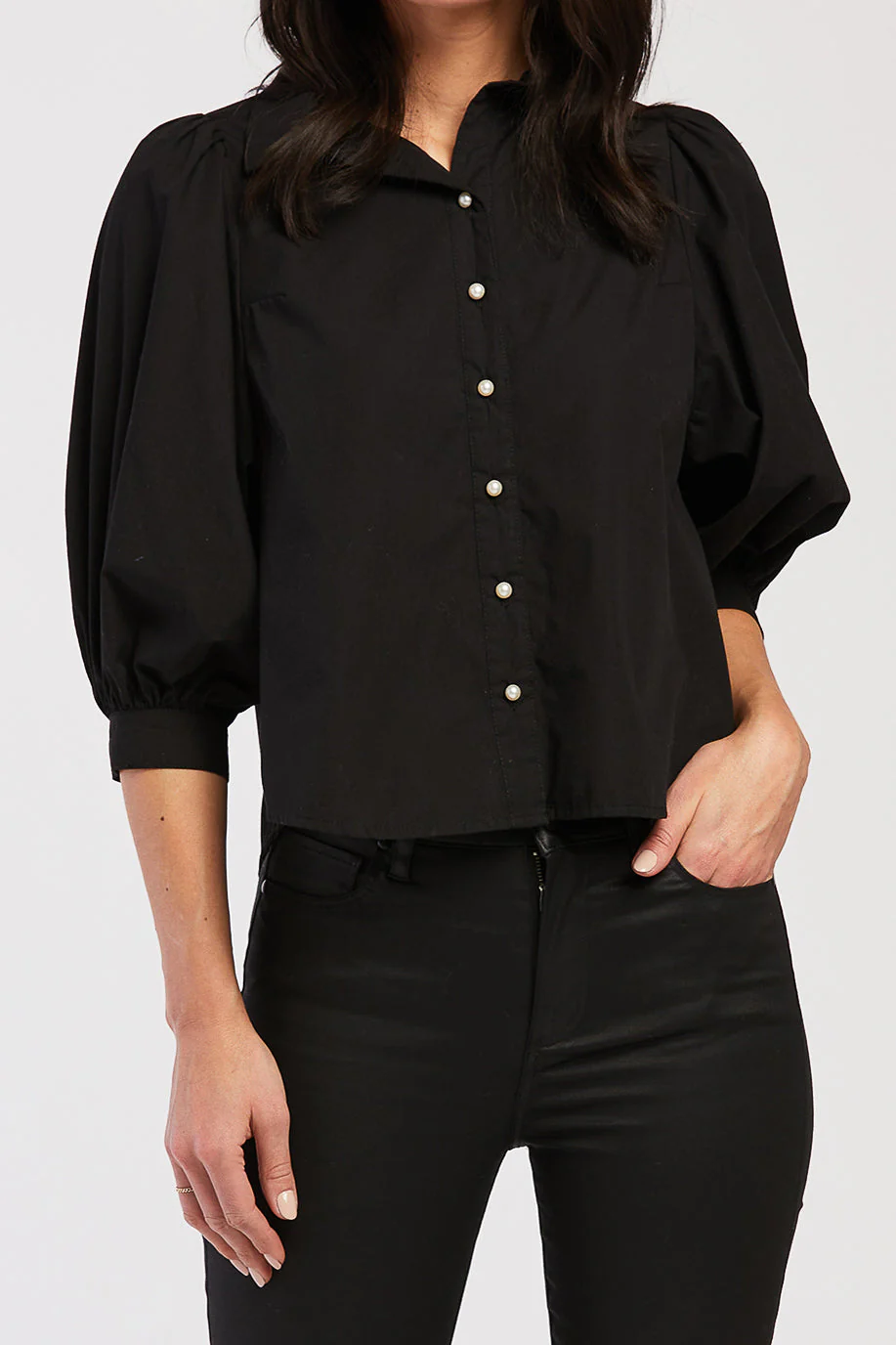 Teegan 3/4 Puff Sleeve Pearl Button Down Top Shirred Shoulder Top - Image 4