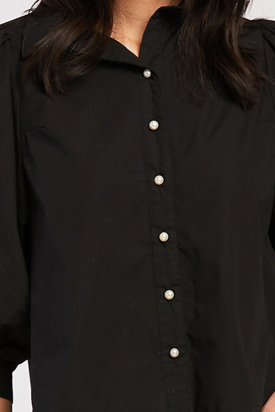 Teegan 3/4 Puff Sleeve Pearl Button Down Top Shirred Shoulder Top - Image 5