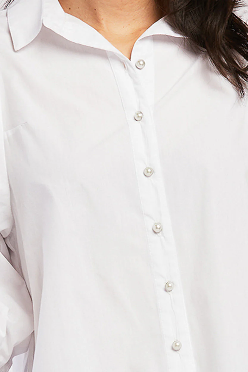 Teegan 3/4 Puff Sleeve Pearl Button Down Top Shirred Shoulder Top - Image 3