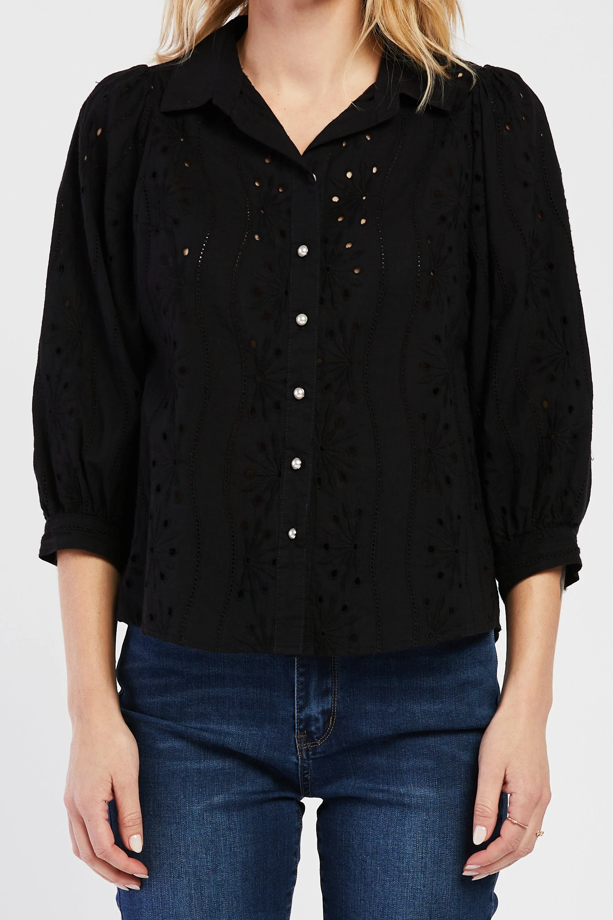Teehan 3/4 Puff Sleeve Button Down Eyelet Shirt - Image 2
